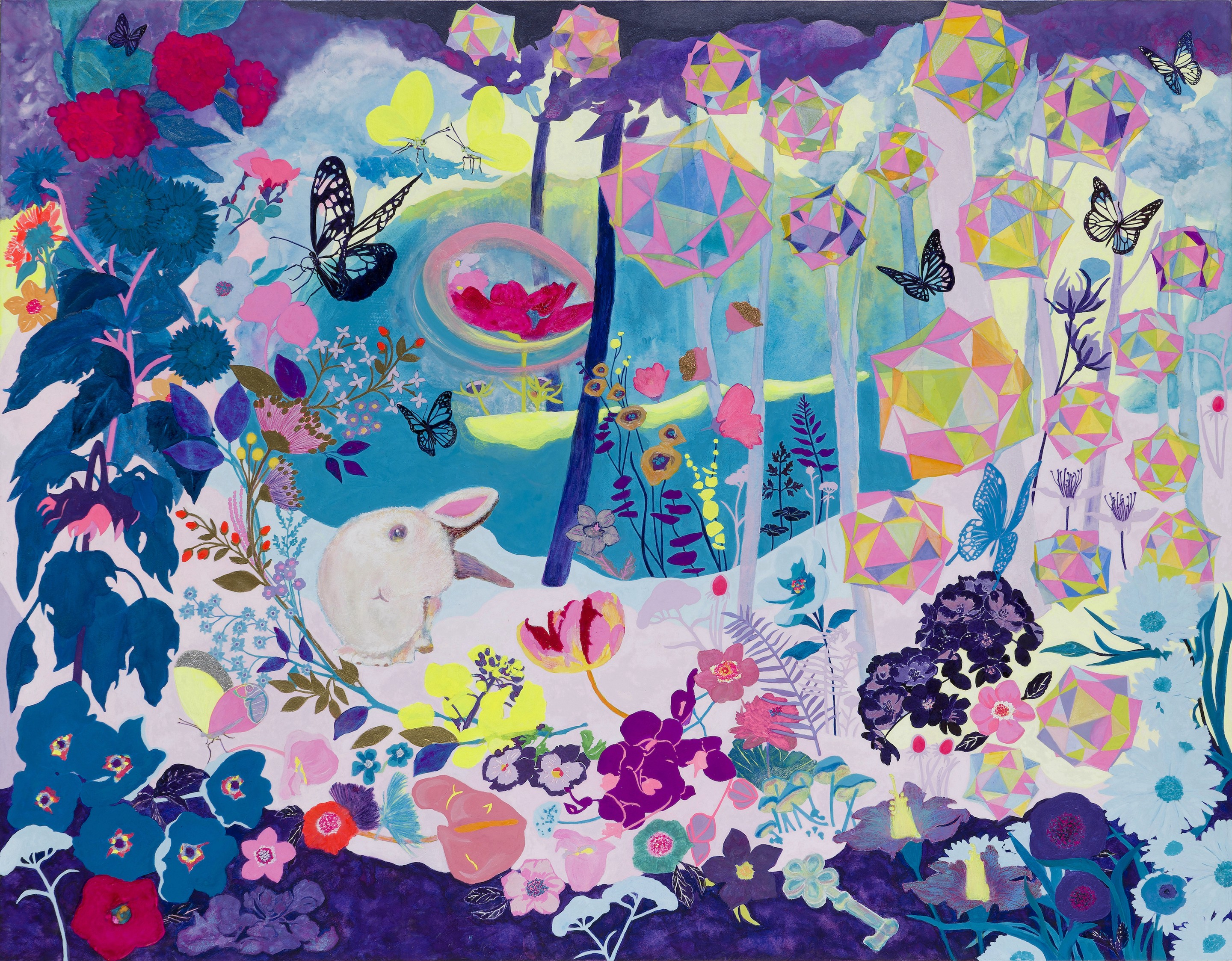 A vibrant, surreal forest scene filled with geometric trees, colorful flowers, and a white rabbit.
