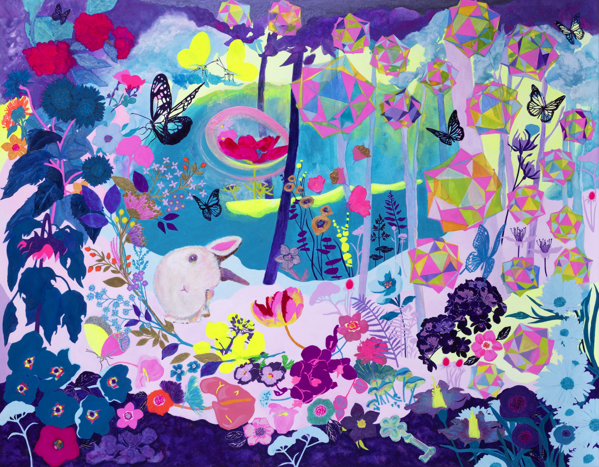 A vibrant, surreal forest scene filled with geometric trees, colorful flowers, and a white rabbit.
