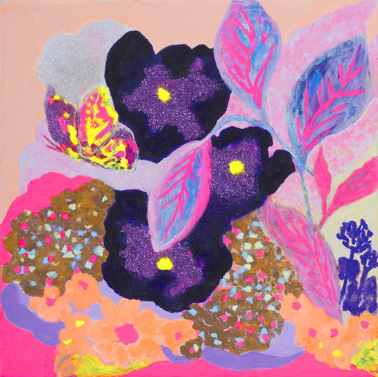 A vibrant, glittery floral composition featuring bold purple flowers and a colorful butterfly against a soft pink background.