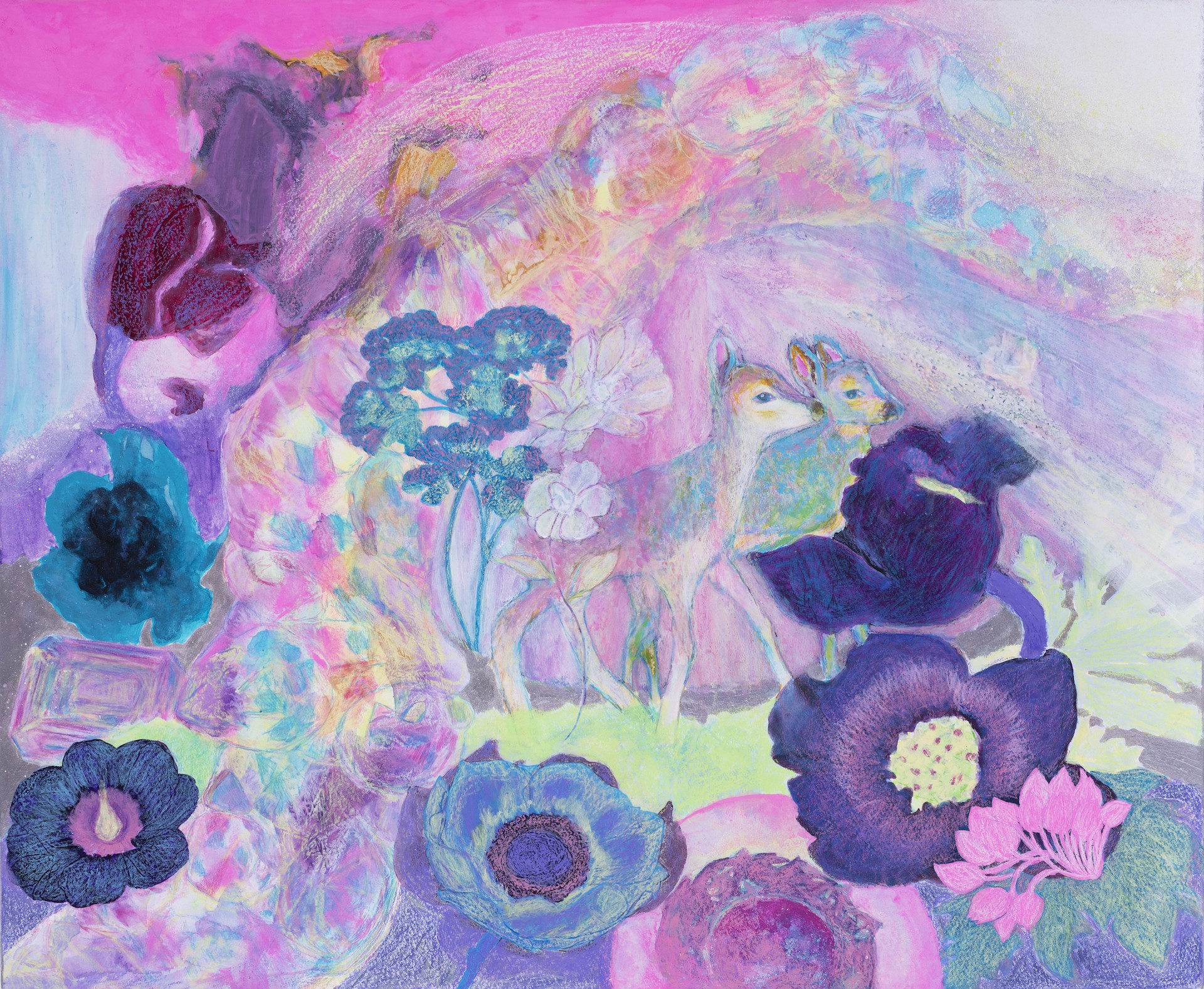 A vibrant pastel composition featuring a deer and two fawns amidst a colorful, dreamlike garden of stylized flowers.