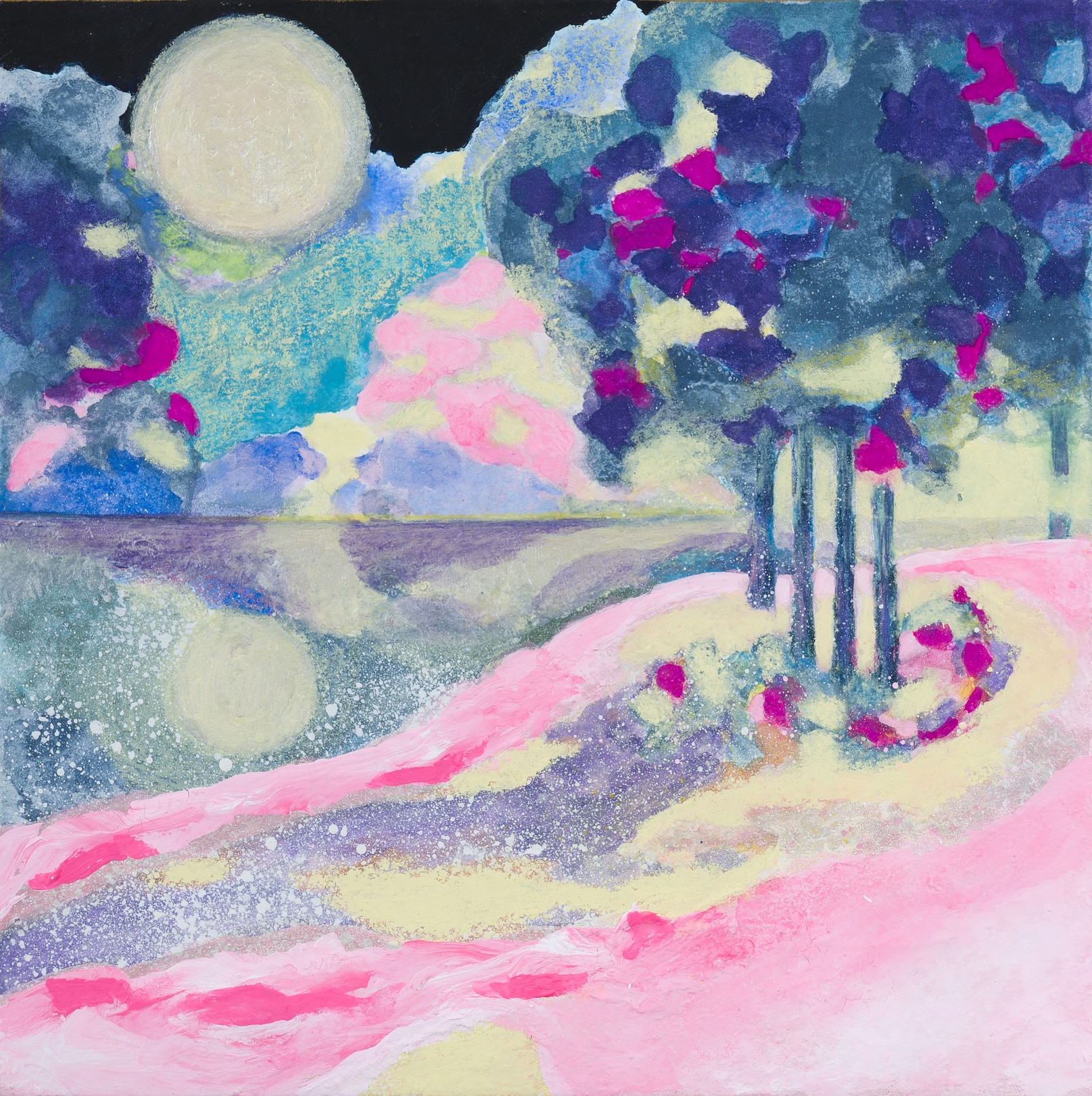A dreamy landscape painting featuring a large celestial body, stylized trees, and a winding path under a vibrant night sky.