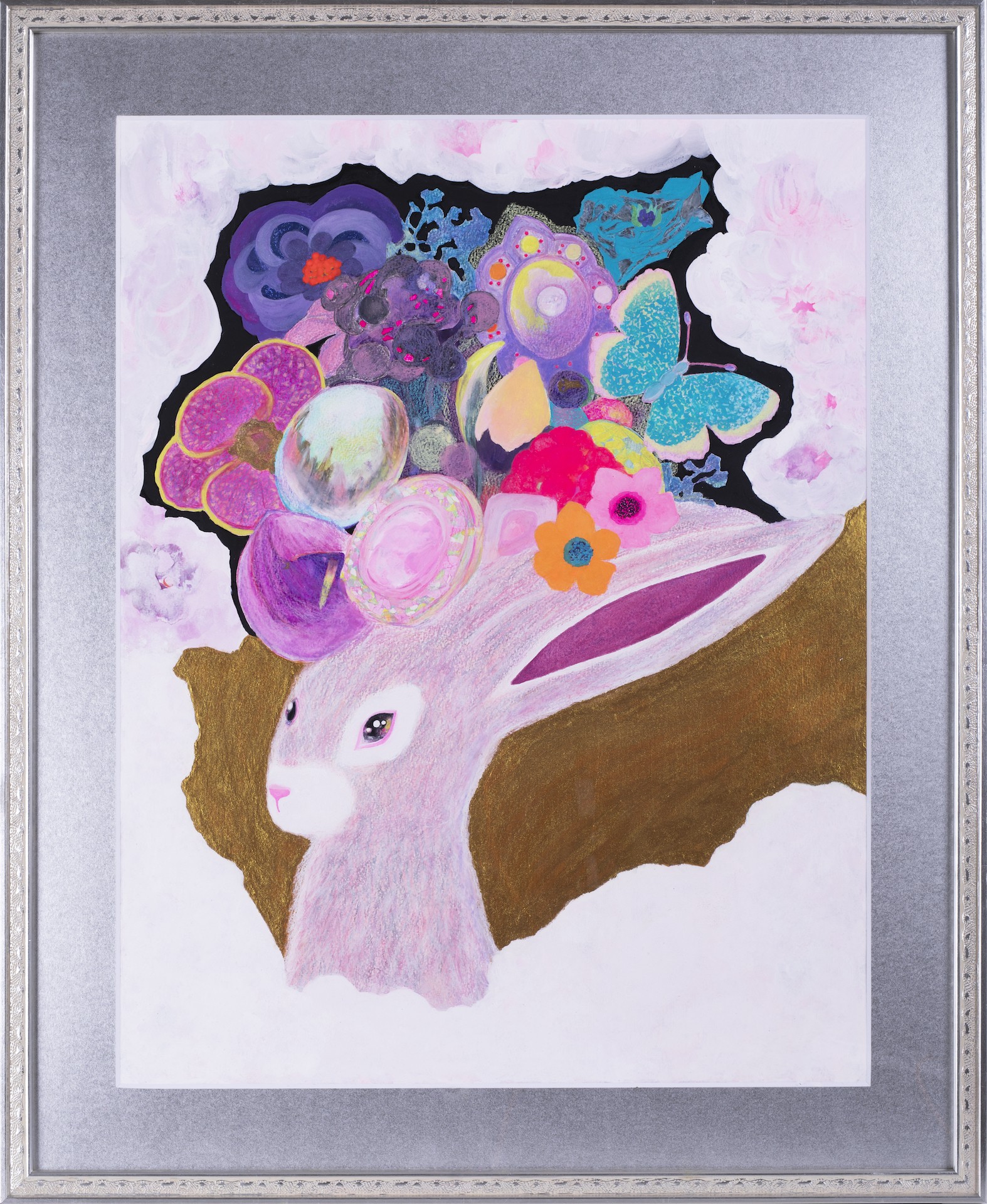 A whimsical portrait of a rabbit with a vibrant, floral crown bursting from its head.