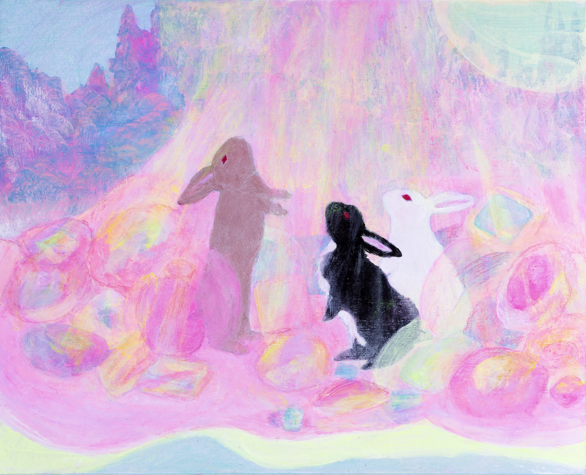 A dreamy pastel landscape featuring three rabbit figures amidst a field of colorful, glowing orbs.