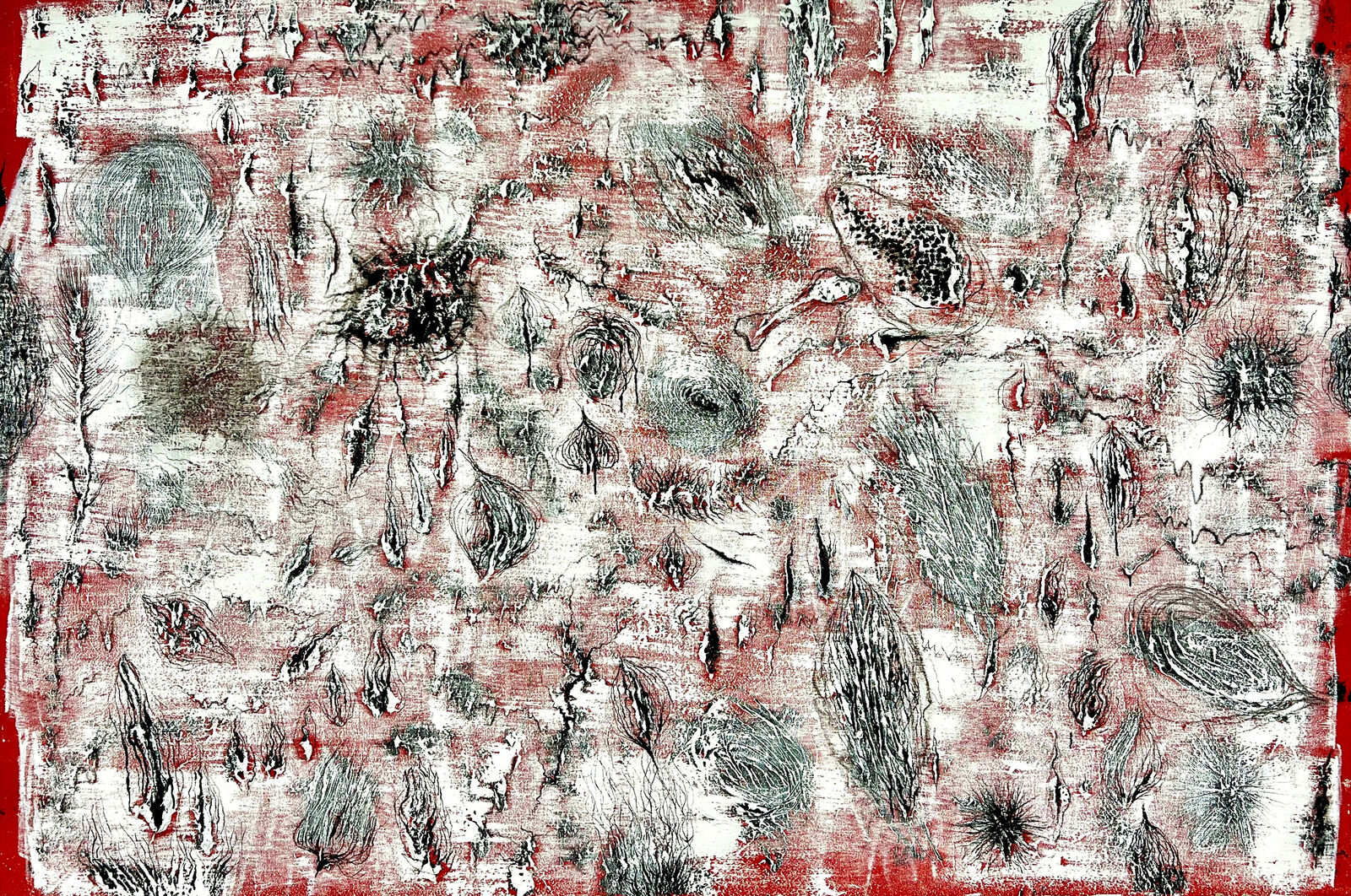 A red and white painting with black and white paint on it.
