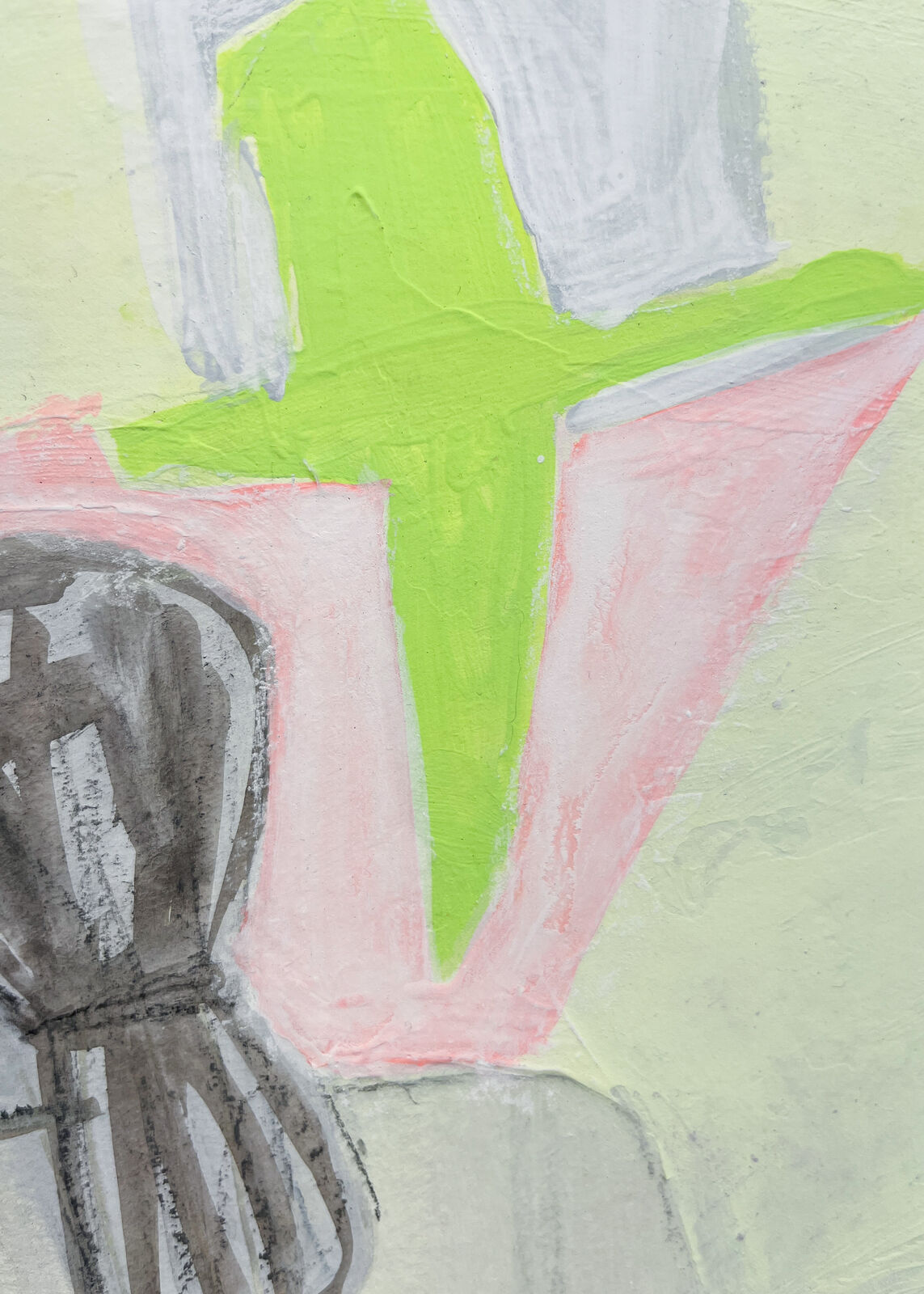 A colorful, abstract painting of two figures sitting at a table.