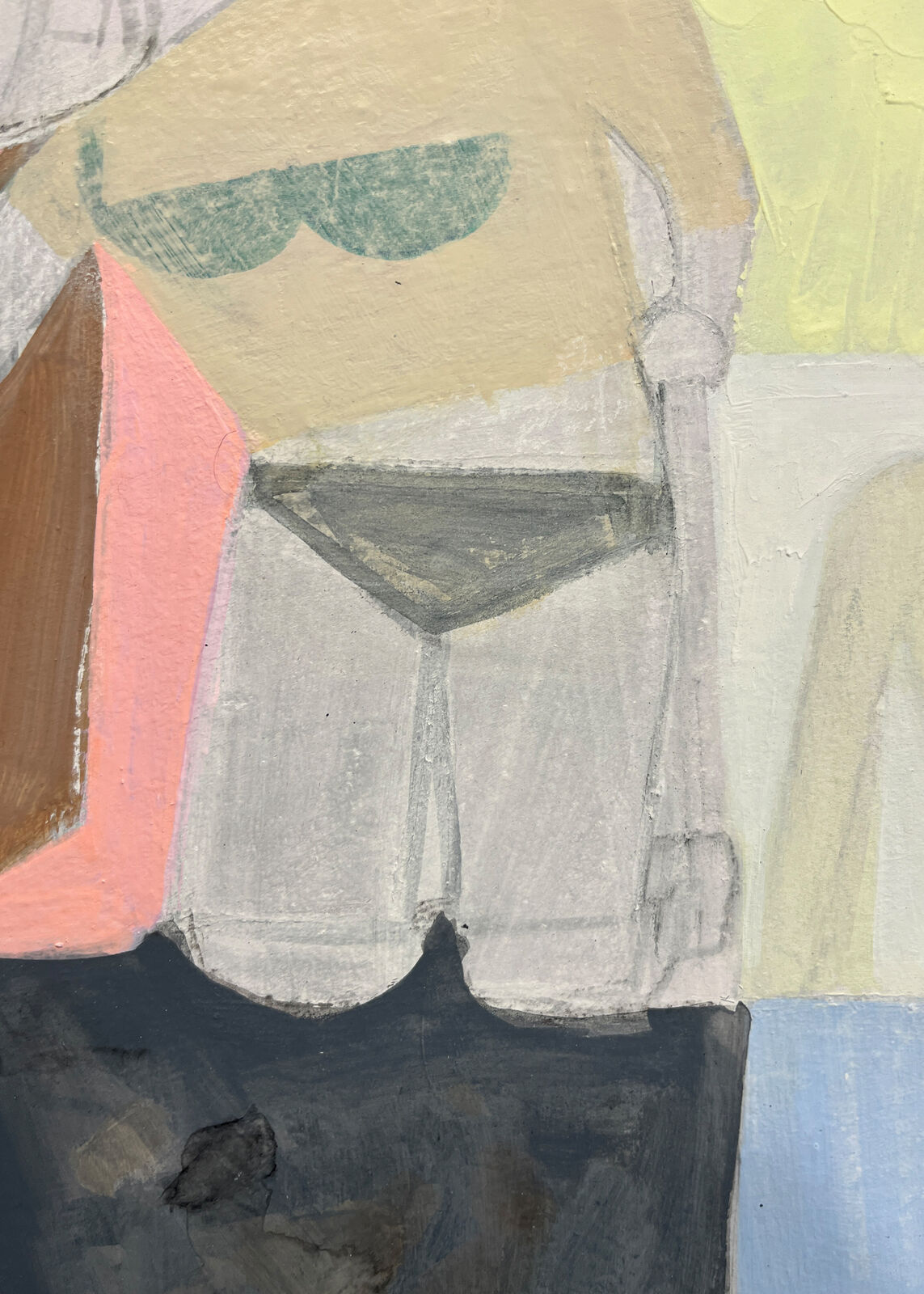 A colorful, abstract painting of two figures sitting at a table.
