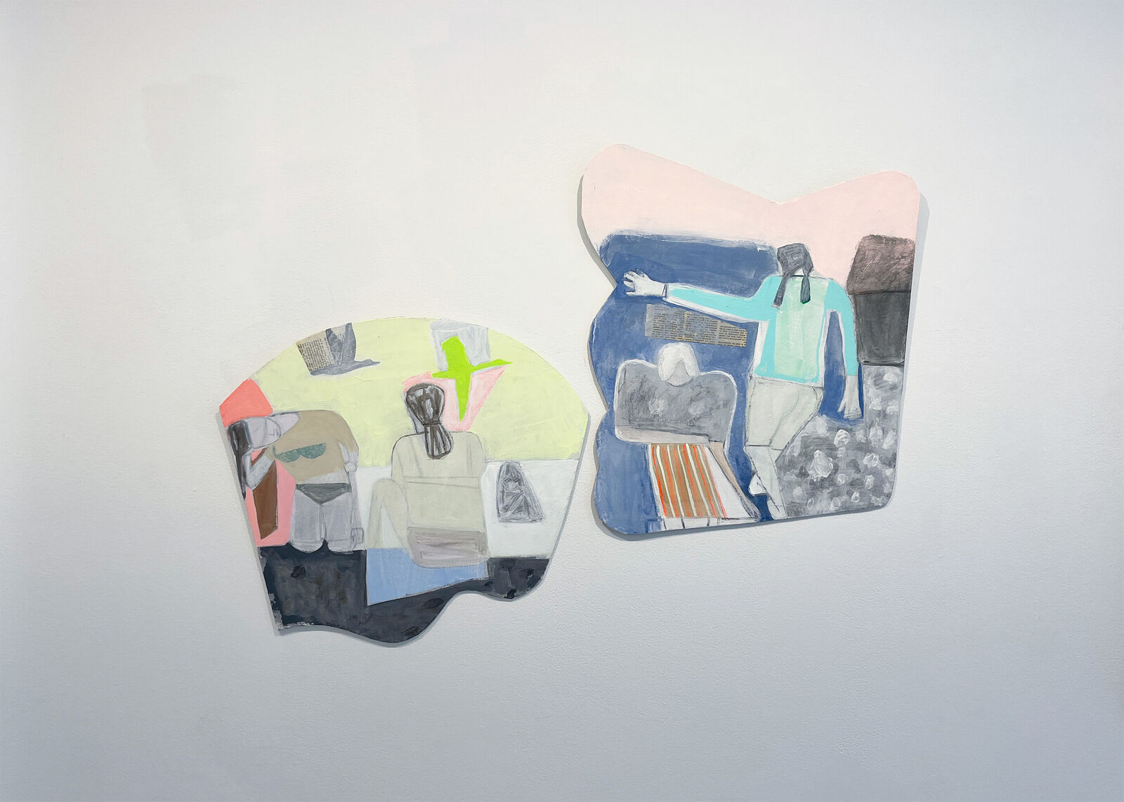 A colorful, abstract painting of two figures sitting at a table.