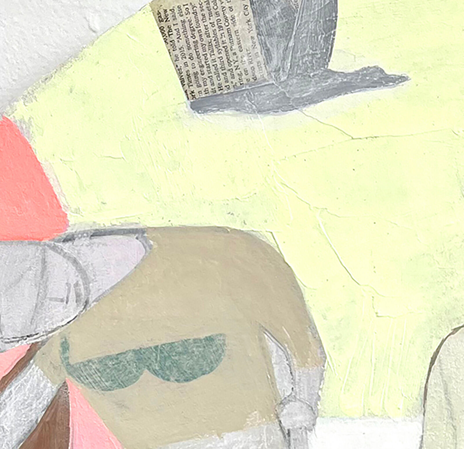 A colorful, abstract painting of two figures sitting at a table.