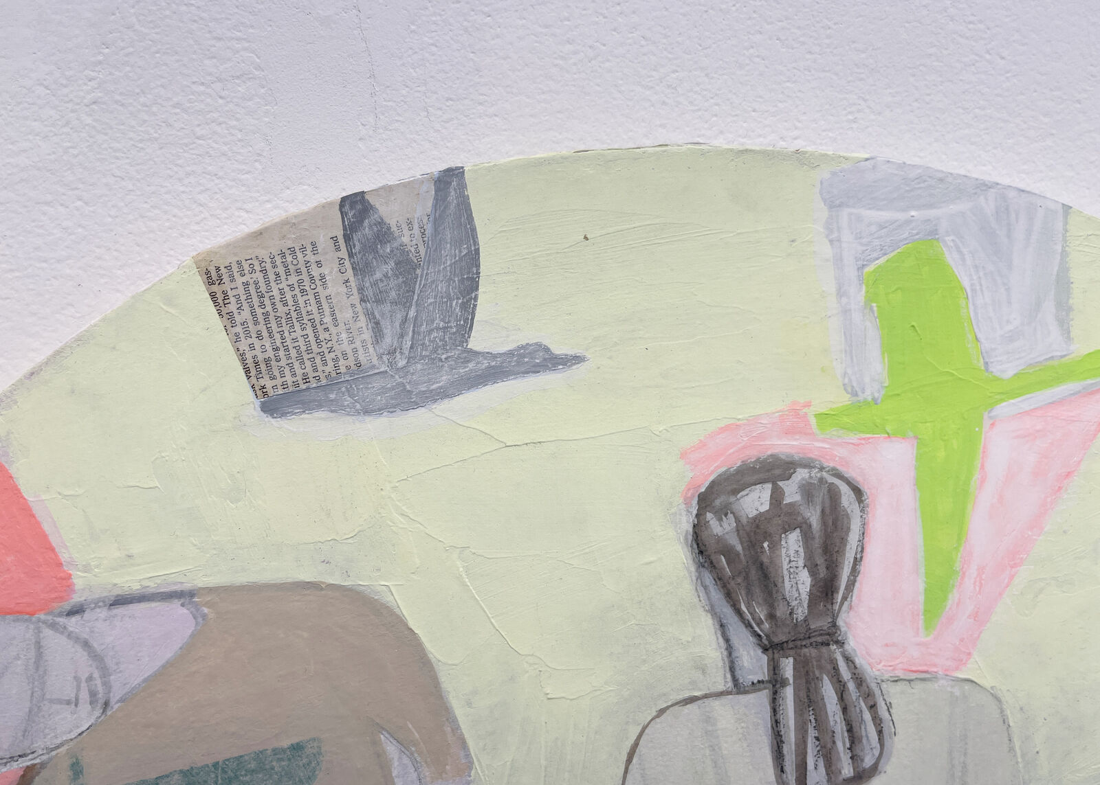 A colorful, abstract painting of two figures sitting at a table.