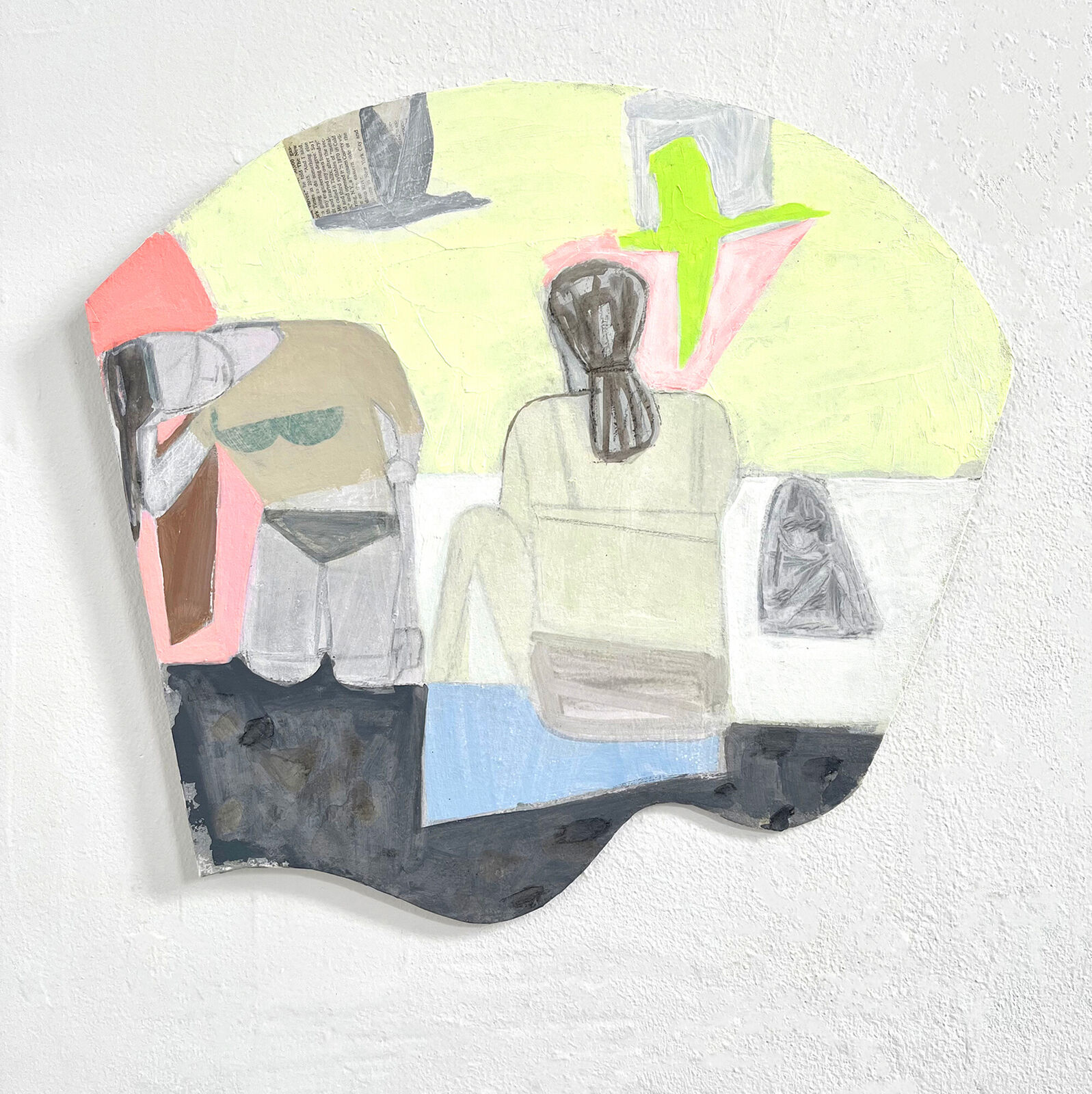 A colorful, abstract painting of two figures sitting at a table.