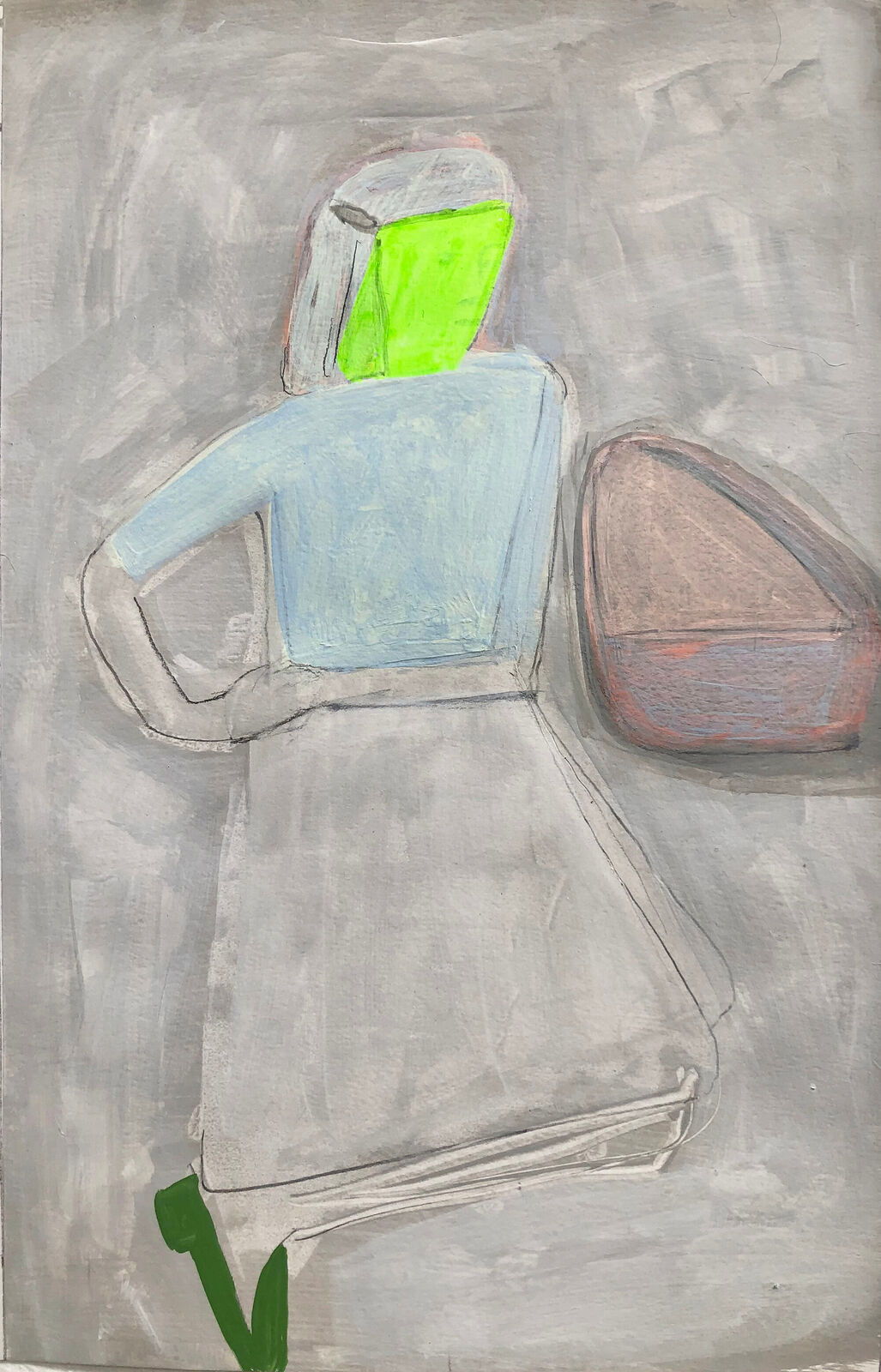 A stylized figure with a bright green face stands against a textured grey background, holding a brown bag.
