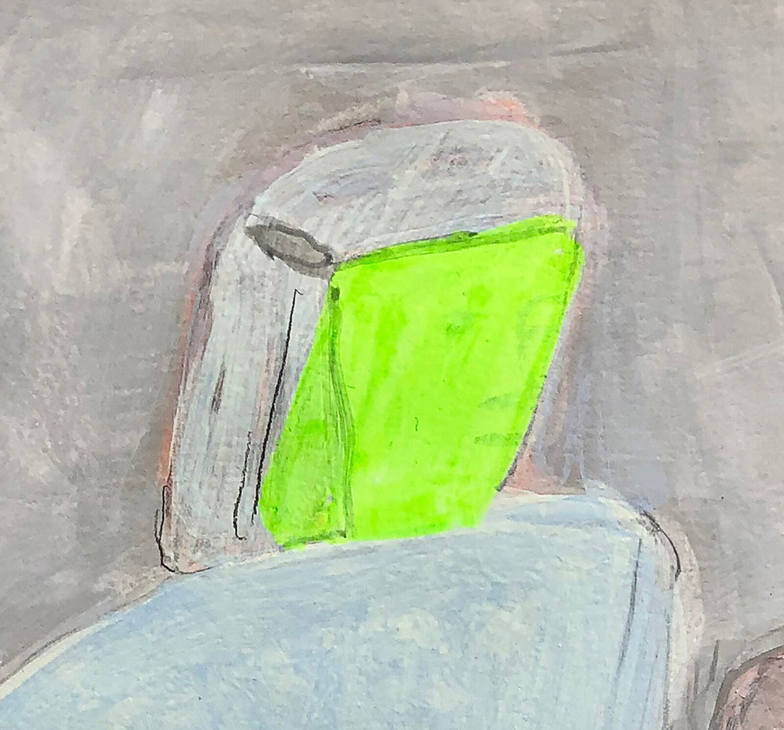 A stylized figure with a bright green face stands against a textured grey background, holding a brown bag.