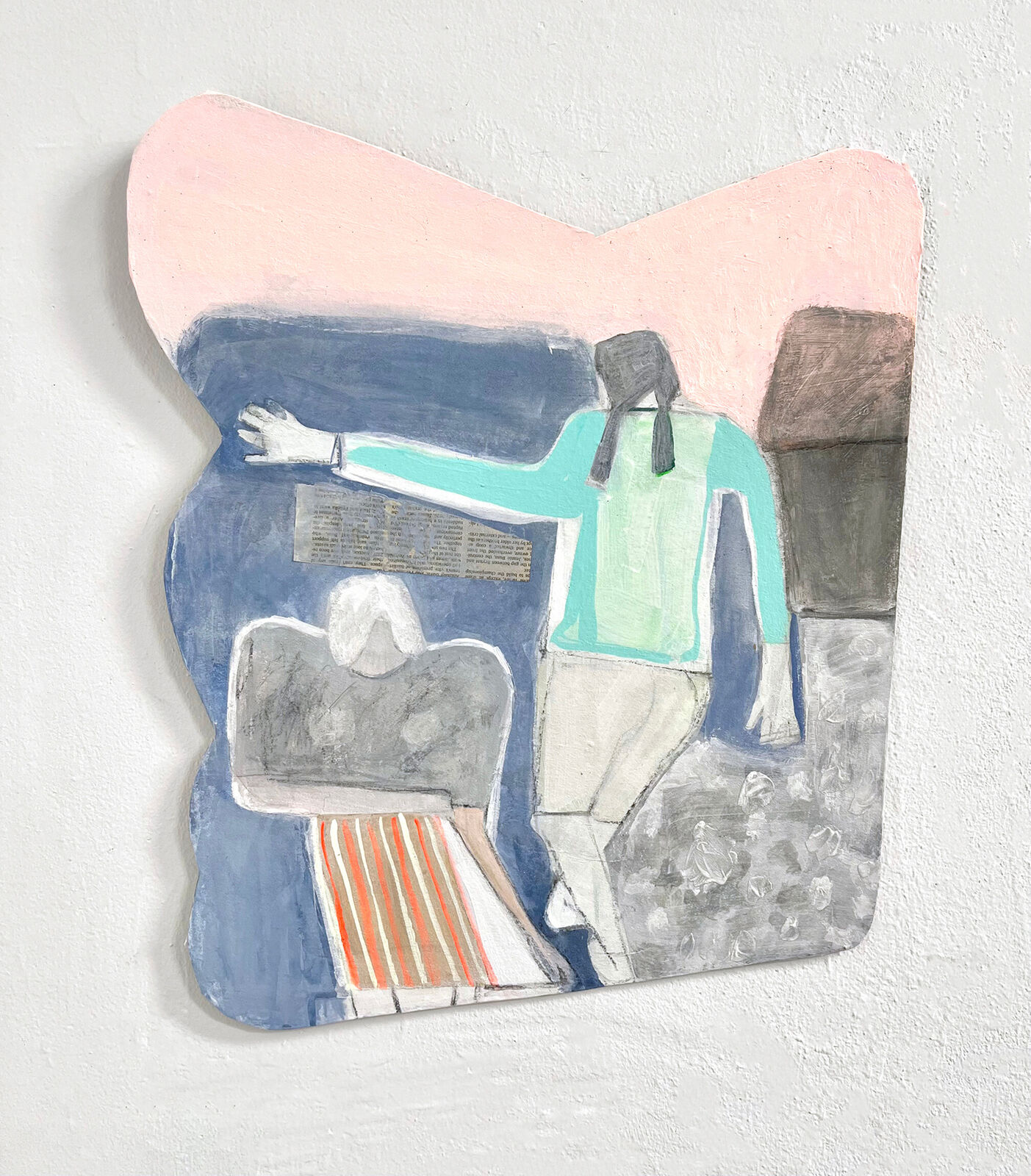 A pastel-toned painting of a figure reaching toward a seated subject in a stylized interior scene.