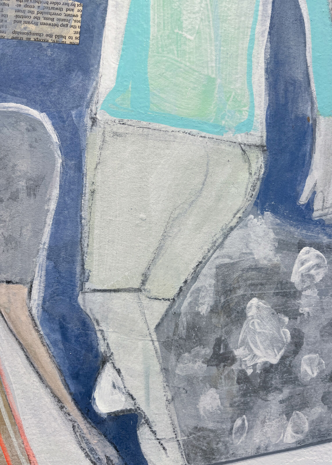 A pastel-toned painting of a figure reaching toward a seated subject in a stylized interior scene.