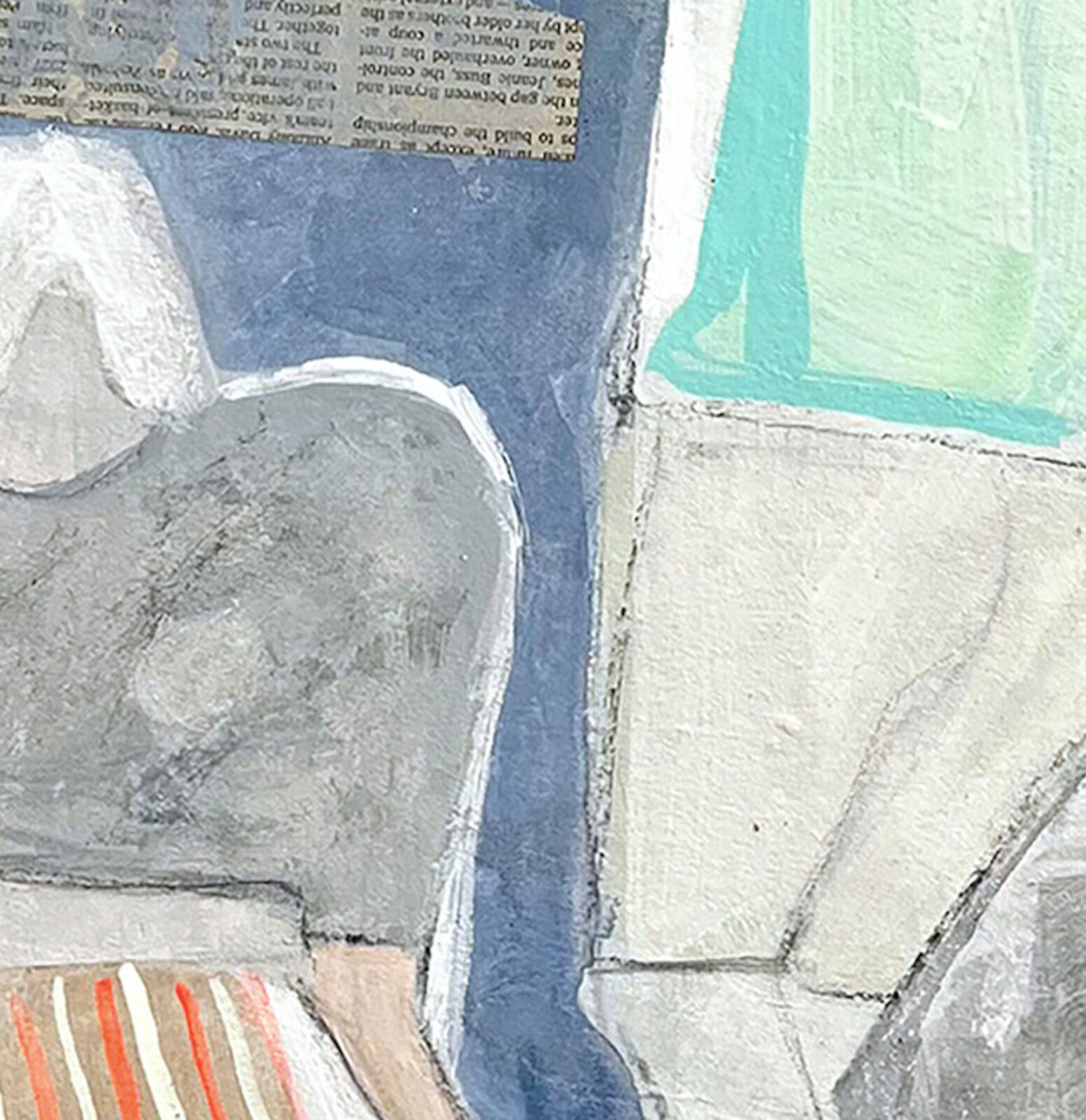 A pastel-toned painting of a figure reaching toward a seated subject in a stylized interior scene.