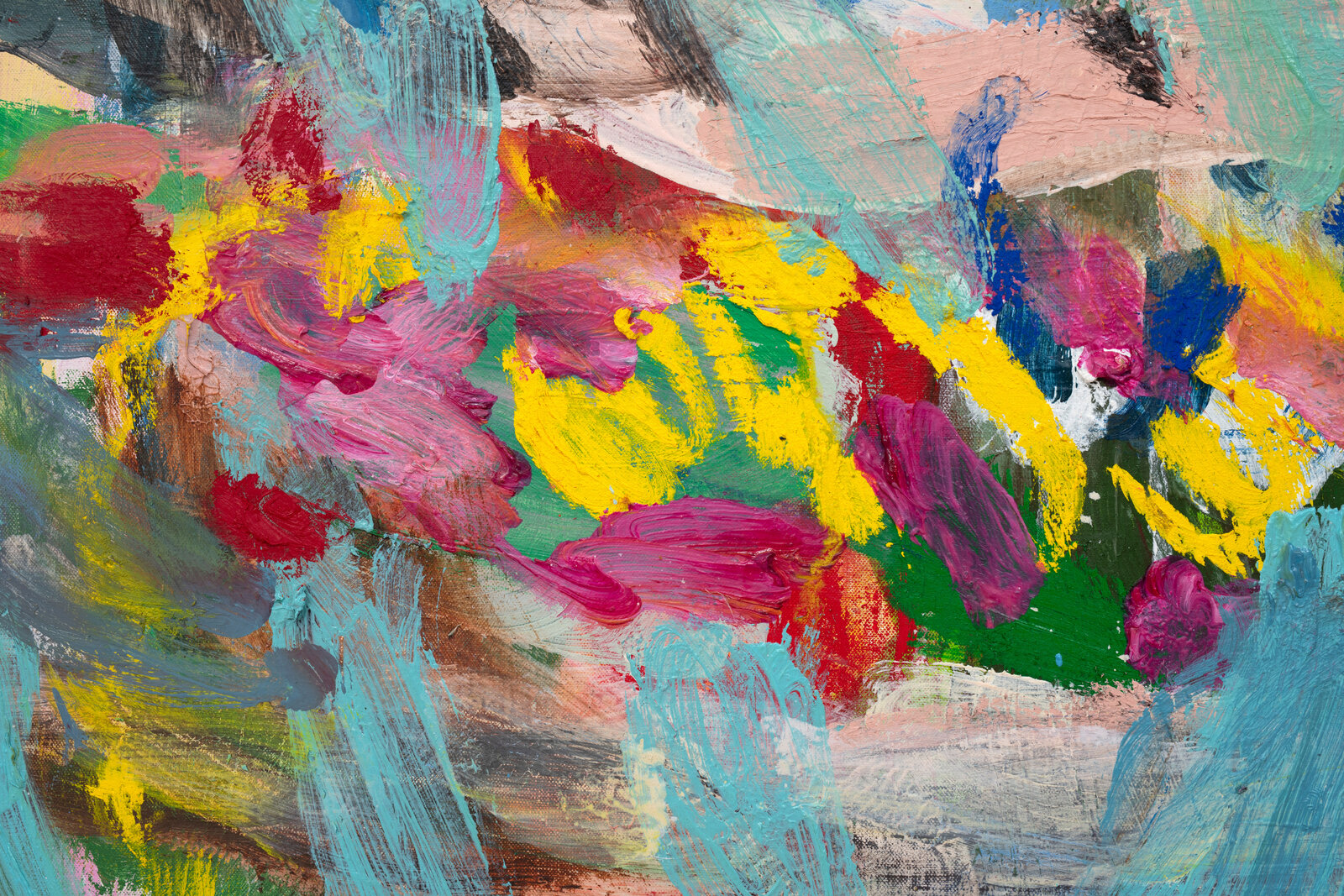A vibrant abstract painting featuring a face-like composition with bold, layered brushstrokes in a chaotic palette of blues, reds, and yellows.