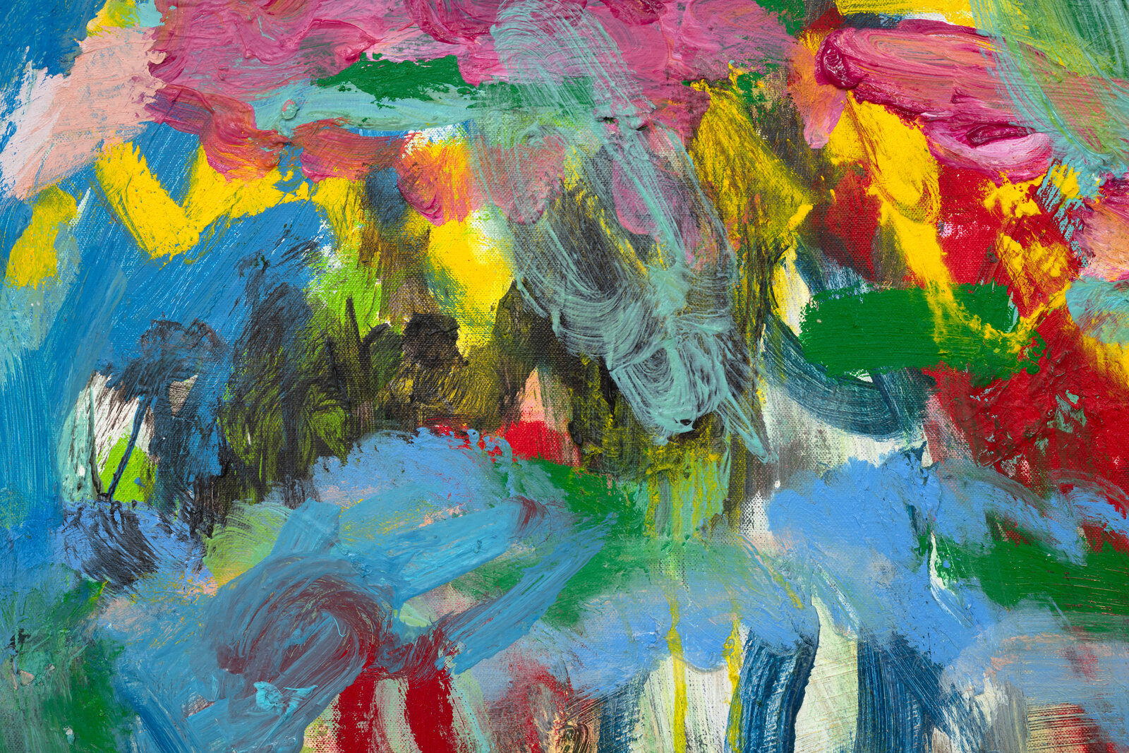 A vibrant abstract painting featuring a face-like composition with bold, layered brushstrokes in a chaotic palette of blues, reds, and yellows.