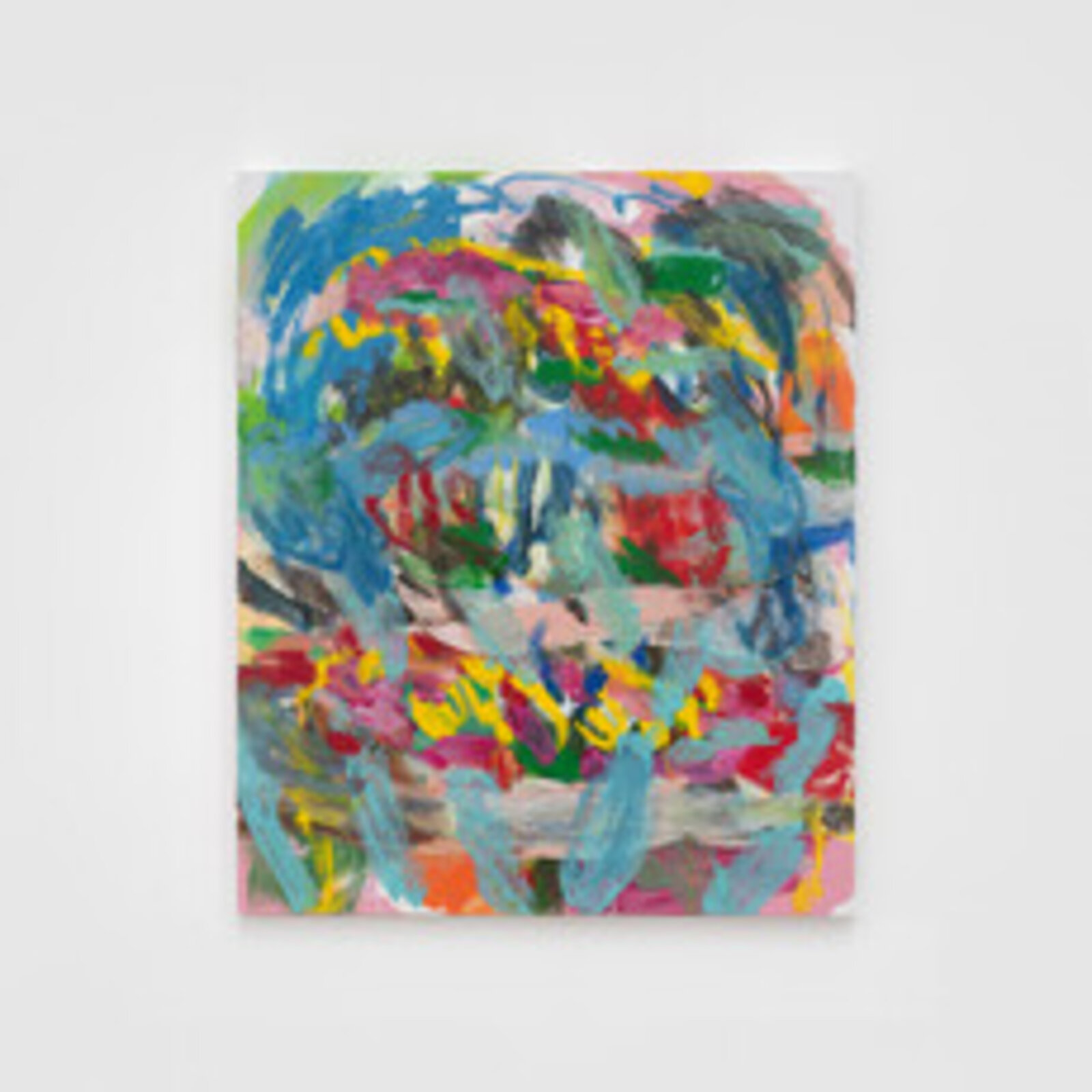 A vibrant abstract painting featuring a face-like composition with bold, layered brushstrokes in a chaotic palette of blues, reds, and yellows.