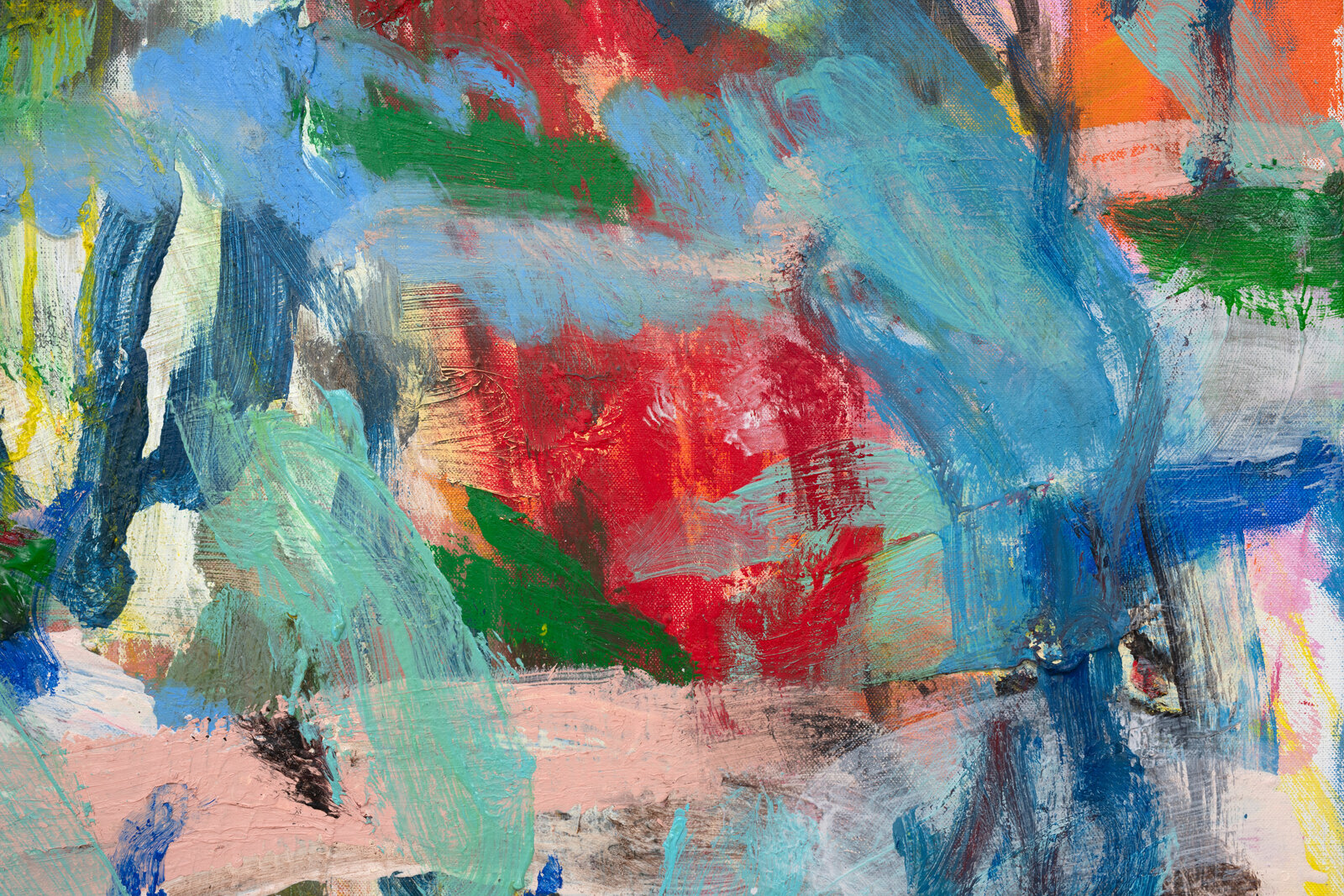 A vibrant abstract painting featuring a face-like composition with bold, layered brushstrokes in a chaotic palette of blues, reds, and yellows.
