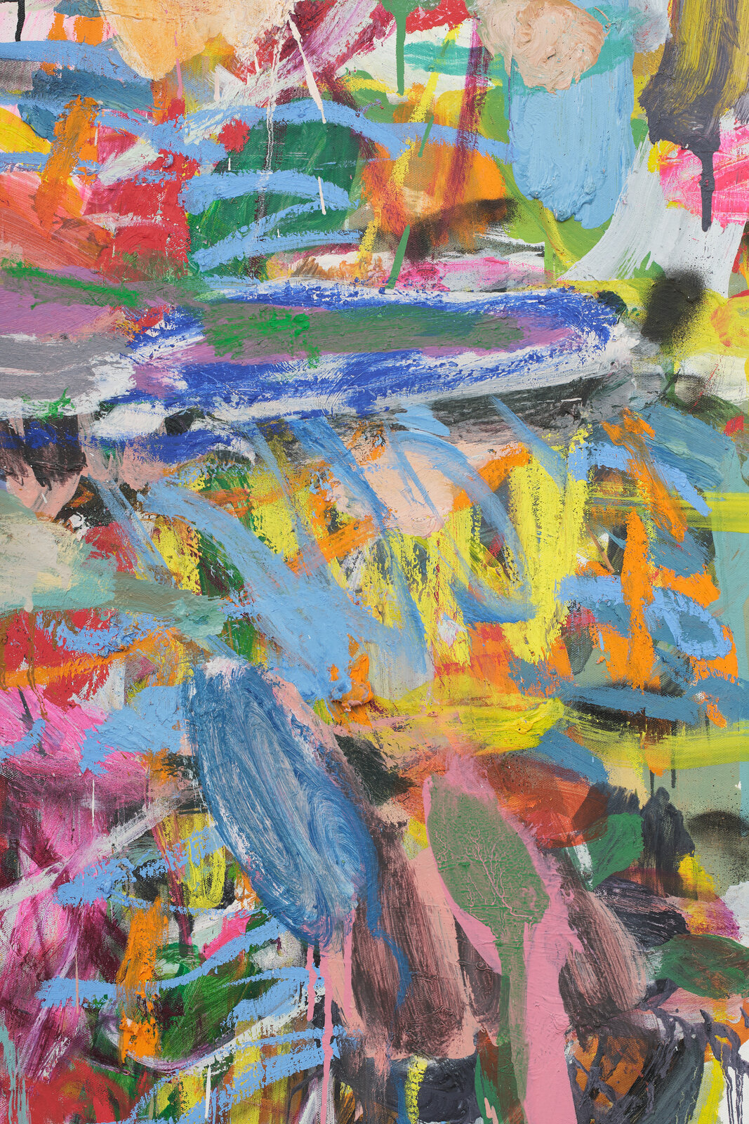 A vibrant abstract painting featuring a chaotic explosion of colorful brushstrokes and drips.