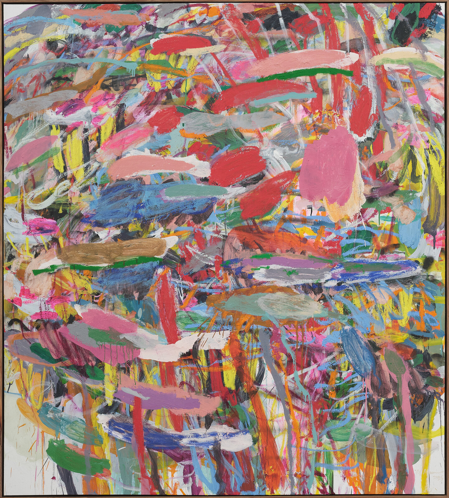 A vibrant abstract painting featuring a chaotic explosion of colorful brushstrokes and drips.