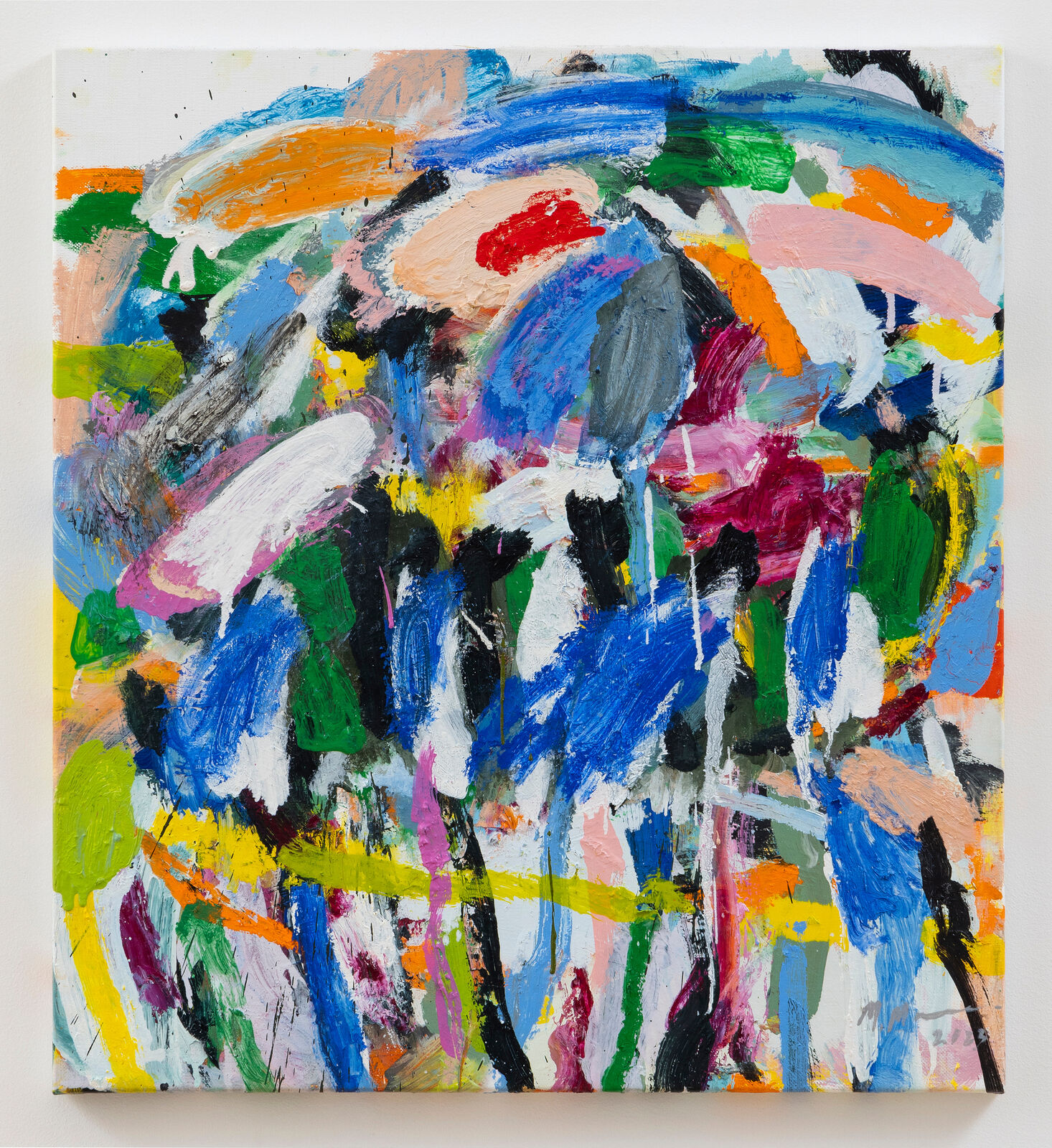 A painting on a white wall with lots of paint on it.