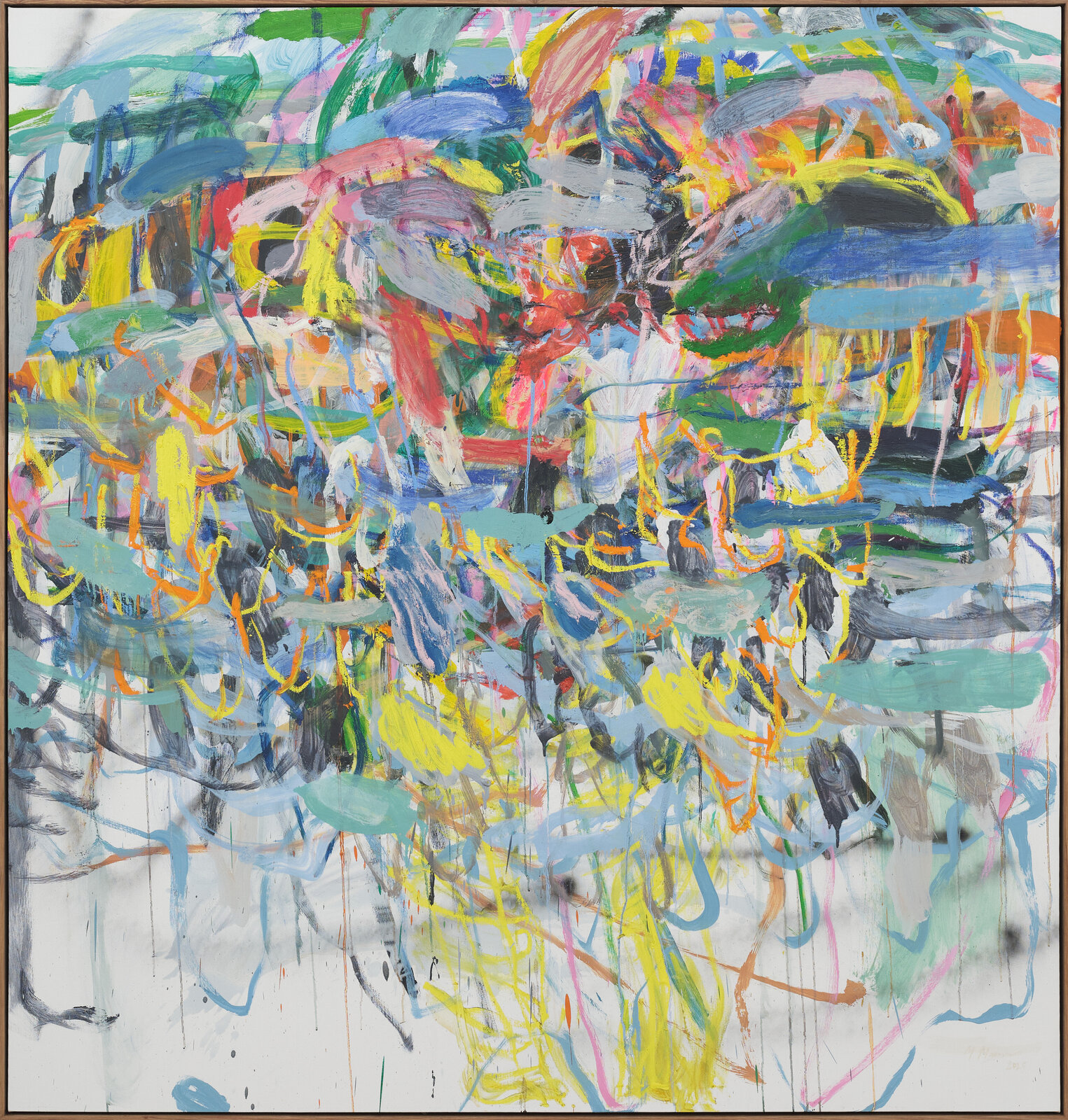 A vibrant abstract composition of chaotic, layered brushstrokes in a riot of colors.