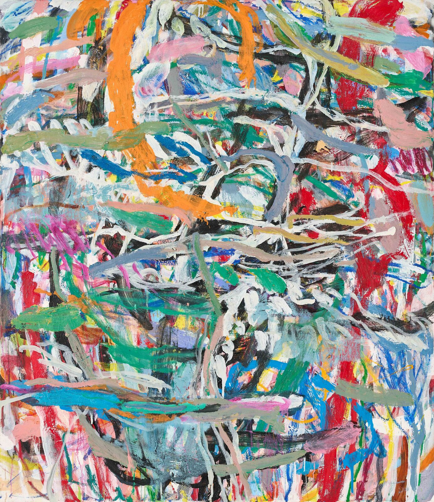 A large abstract painting with lots of different colors and shapes.