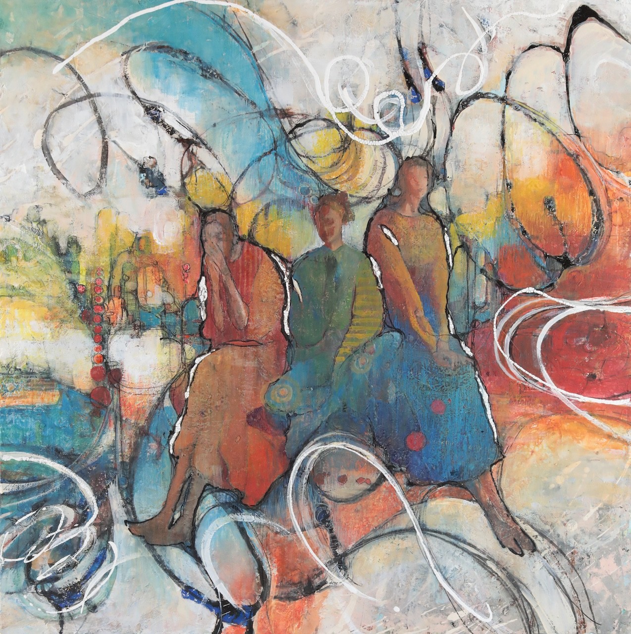 A vibrant, abstract composition of three figures seated together amidst swirling lines and bold colors.
