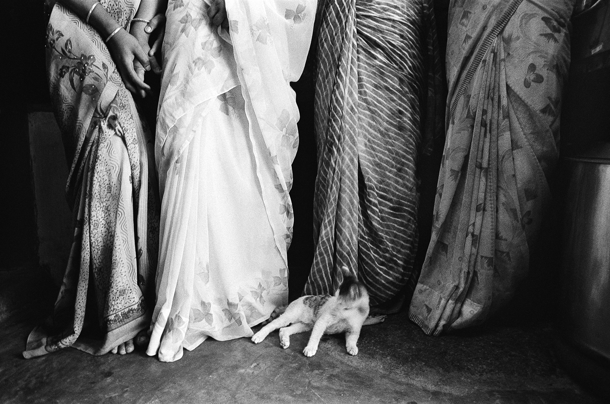 A black and white photo of a cat laying on the ground next to a group of women.