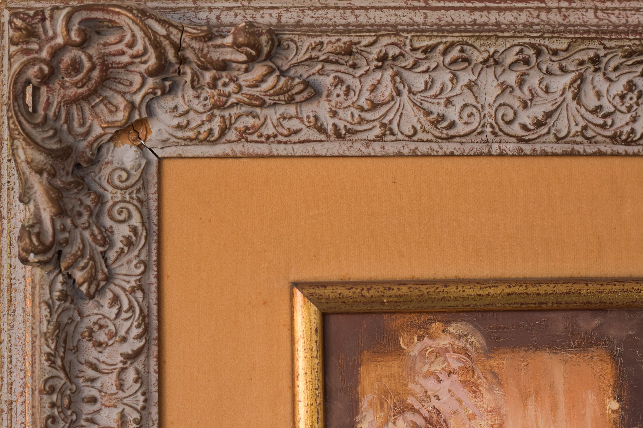 A painting of three women sitting on a chair.