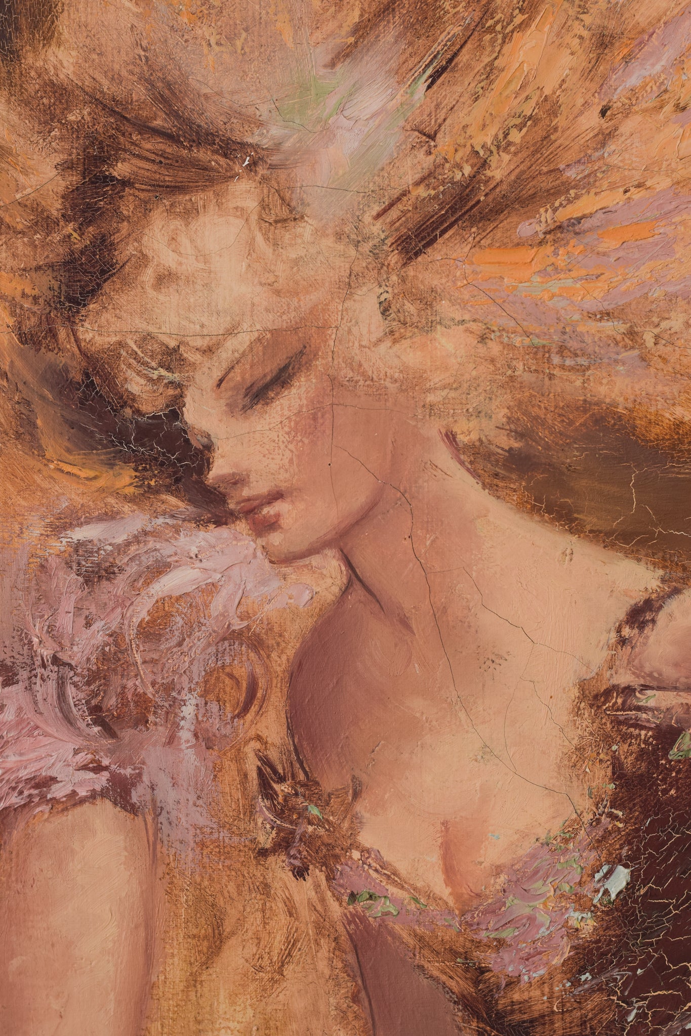 A painting of three women sitting on a chair.