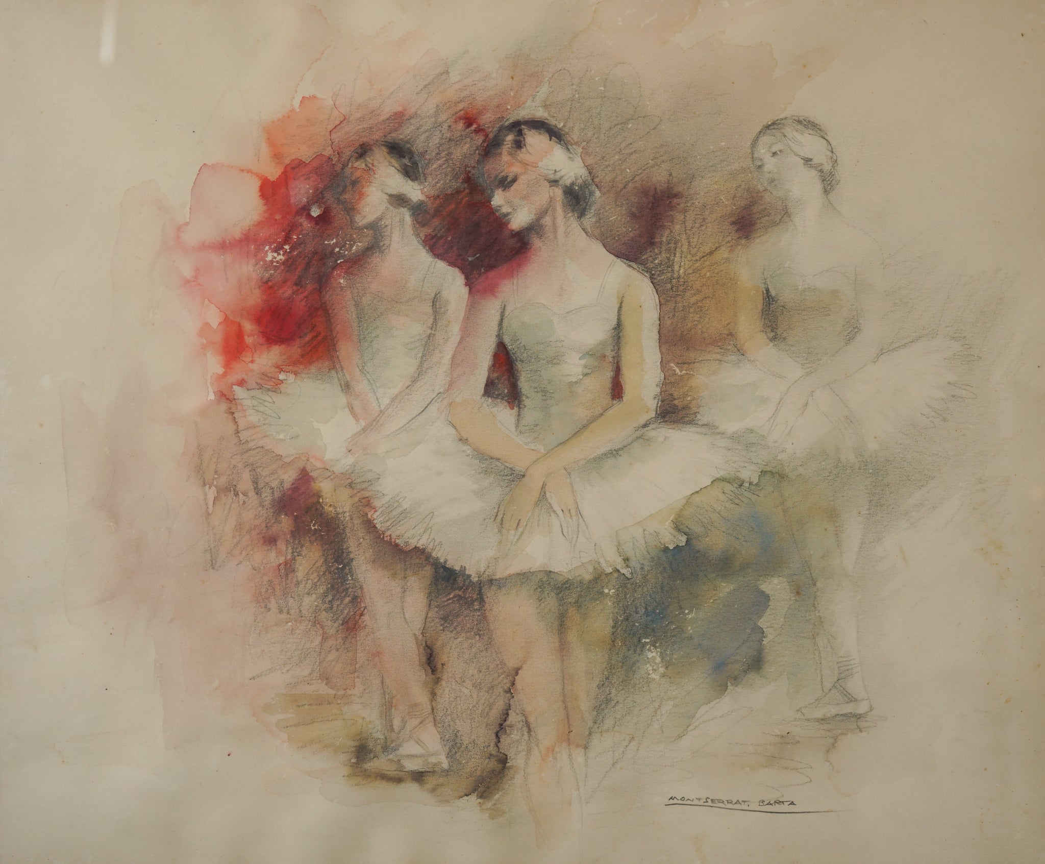 A drawing of three ballerinas sitting on a bench.