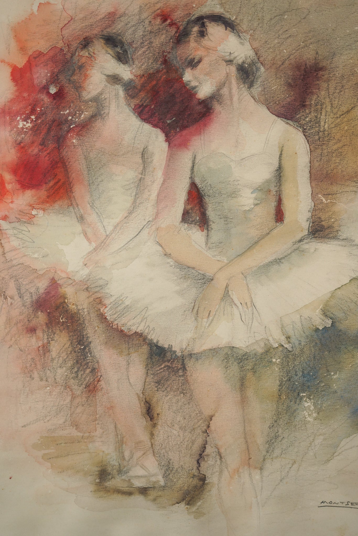 A drawing of three ballerinas sitting on a bench.