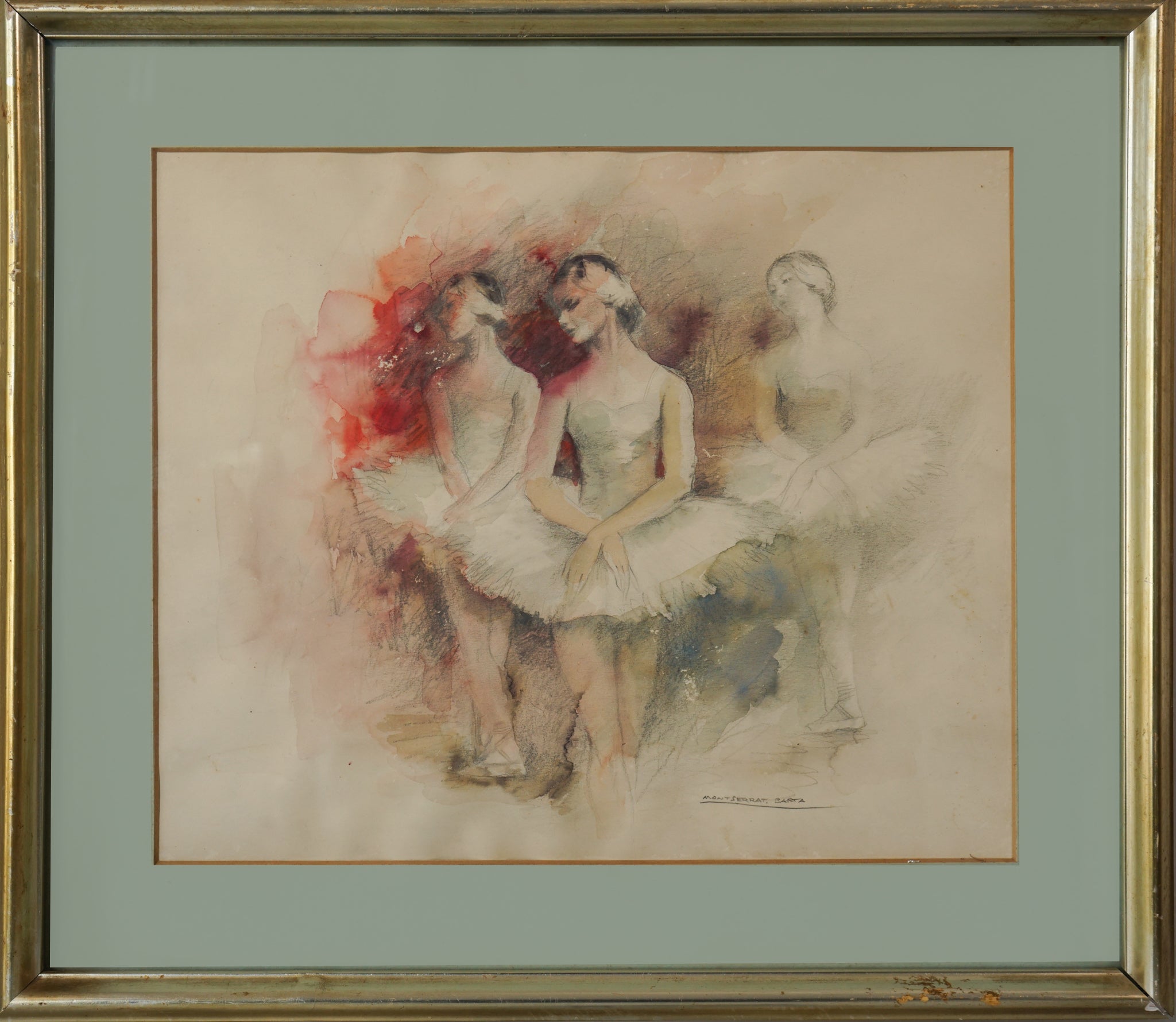 A drawing of three ballerinas sitting on a bench.