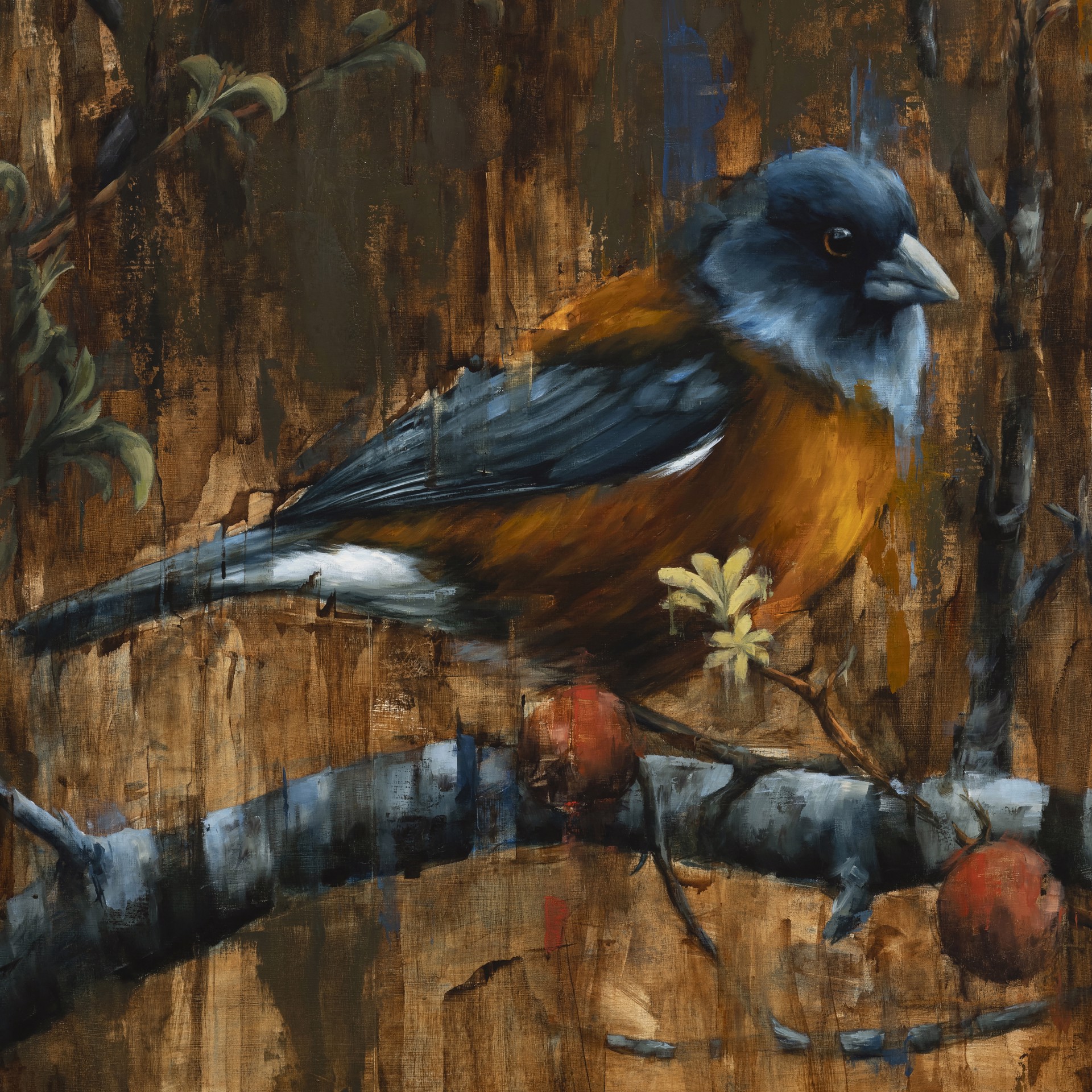 A painting of a bird sitting on a tree branch.