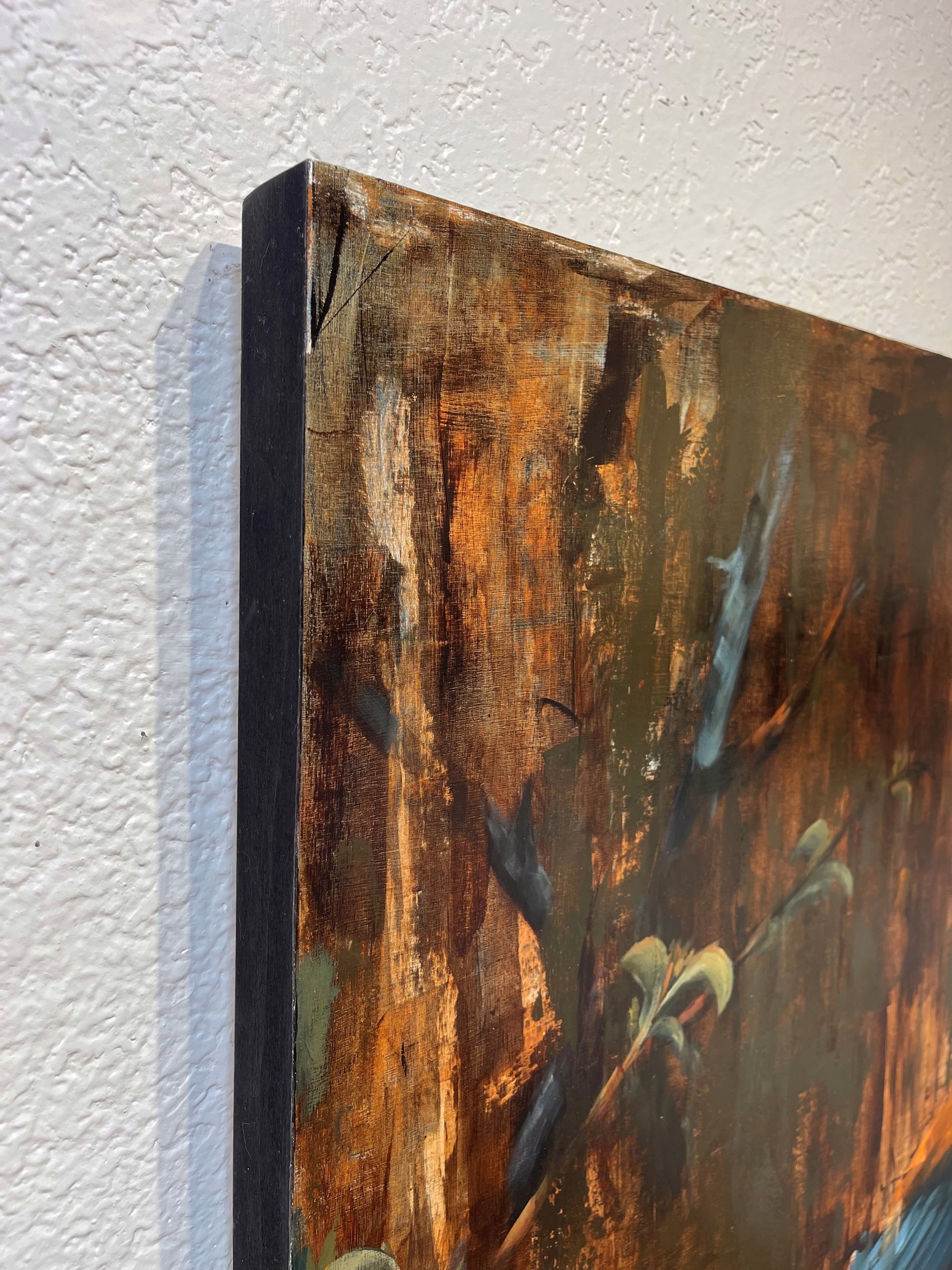 A painting of a bird sitting on a tree branch.