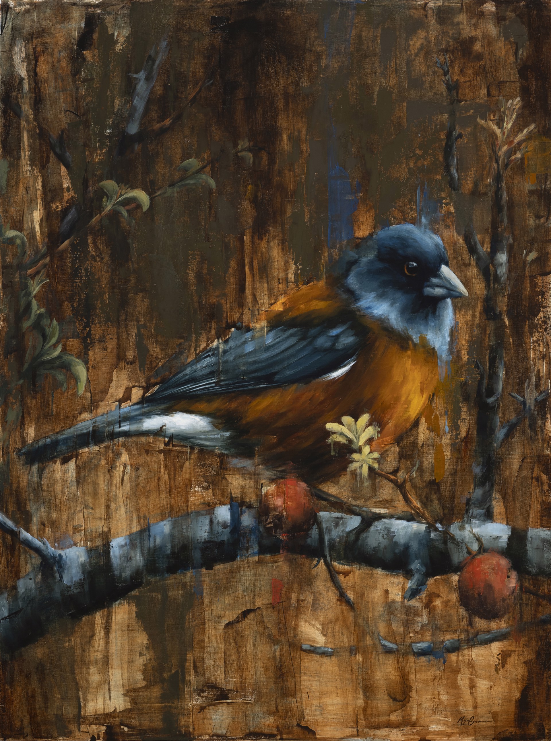 A painting of a bird sitting on a tree branch.