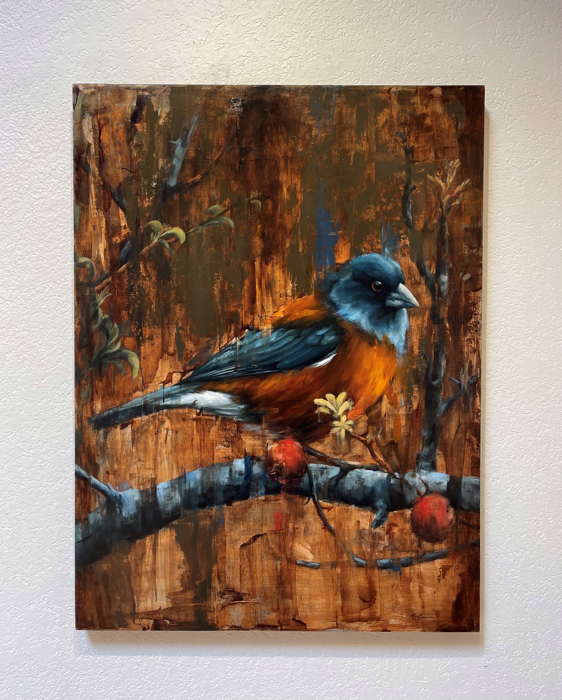 A painting of a bird sitting on a tree branch.
