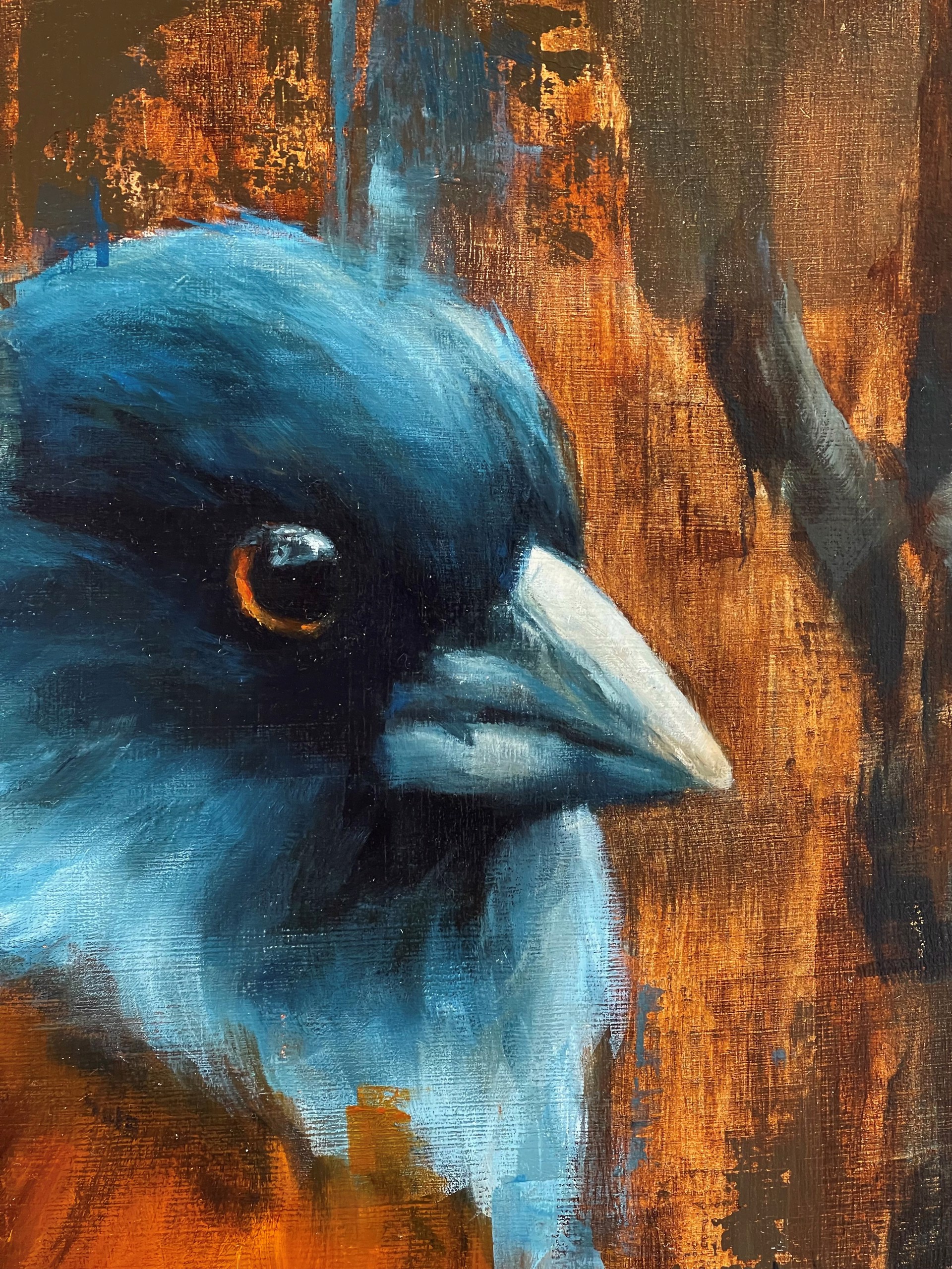 A painting of a bird sitting on a tree branch.