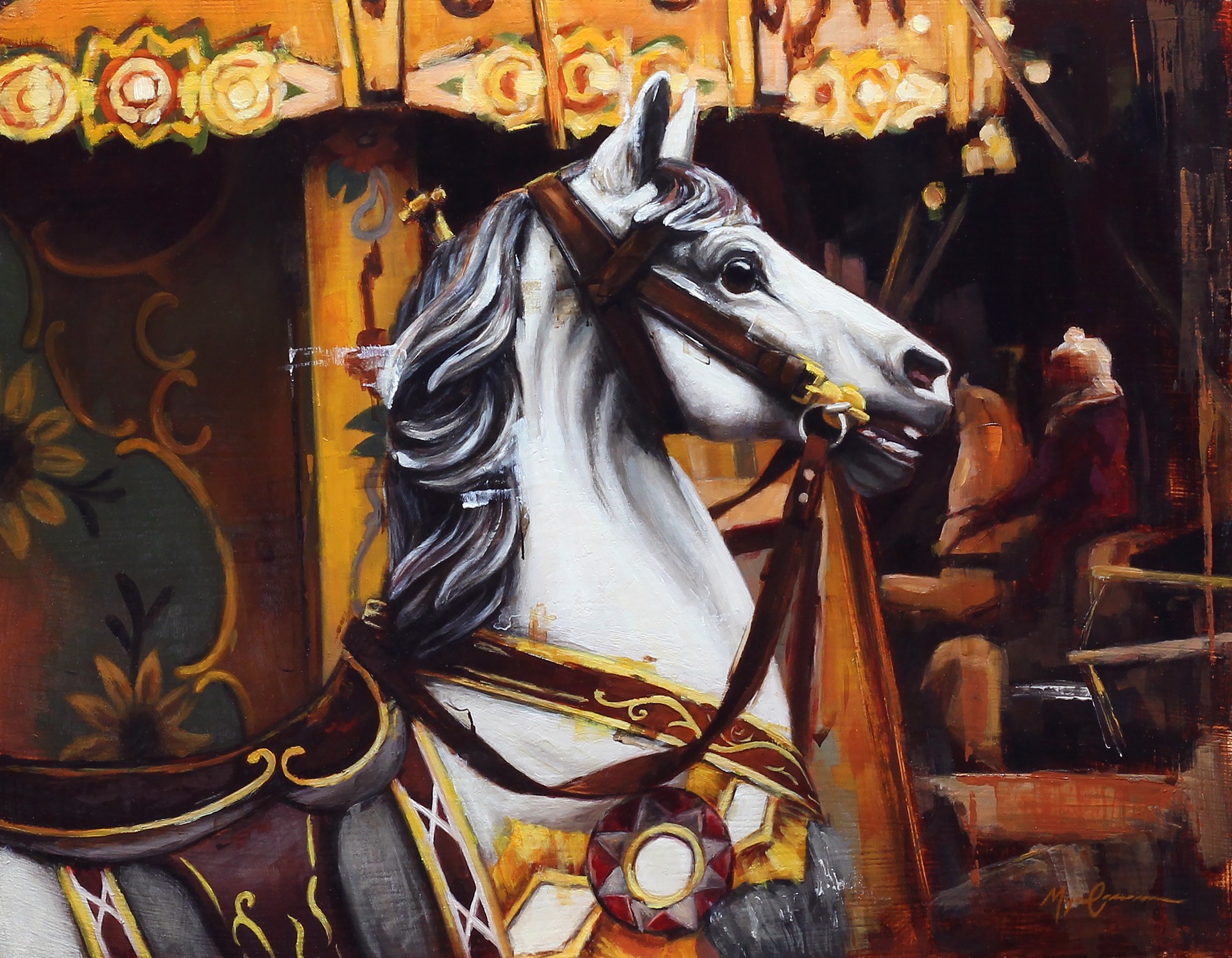 A painting of a white horse on a carousel.