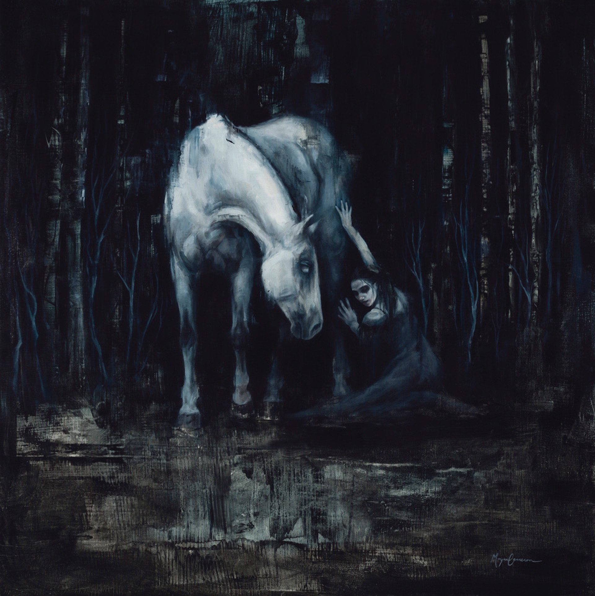 A dark, moody painting of a white horse and a kneeling figure in a shadowy forest.