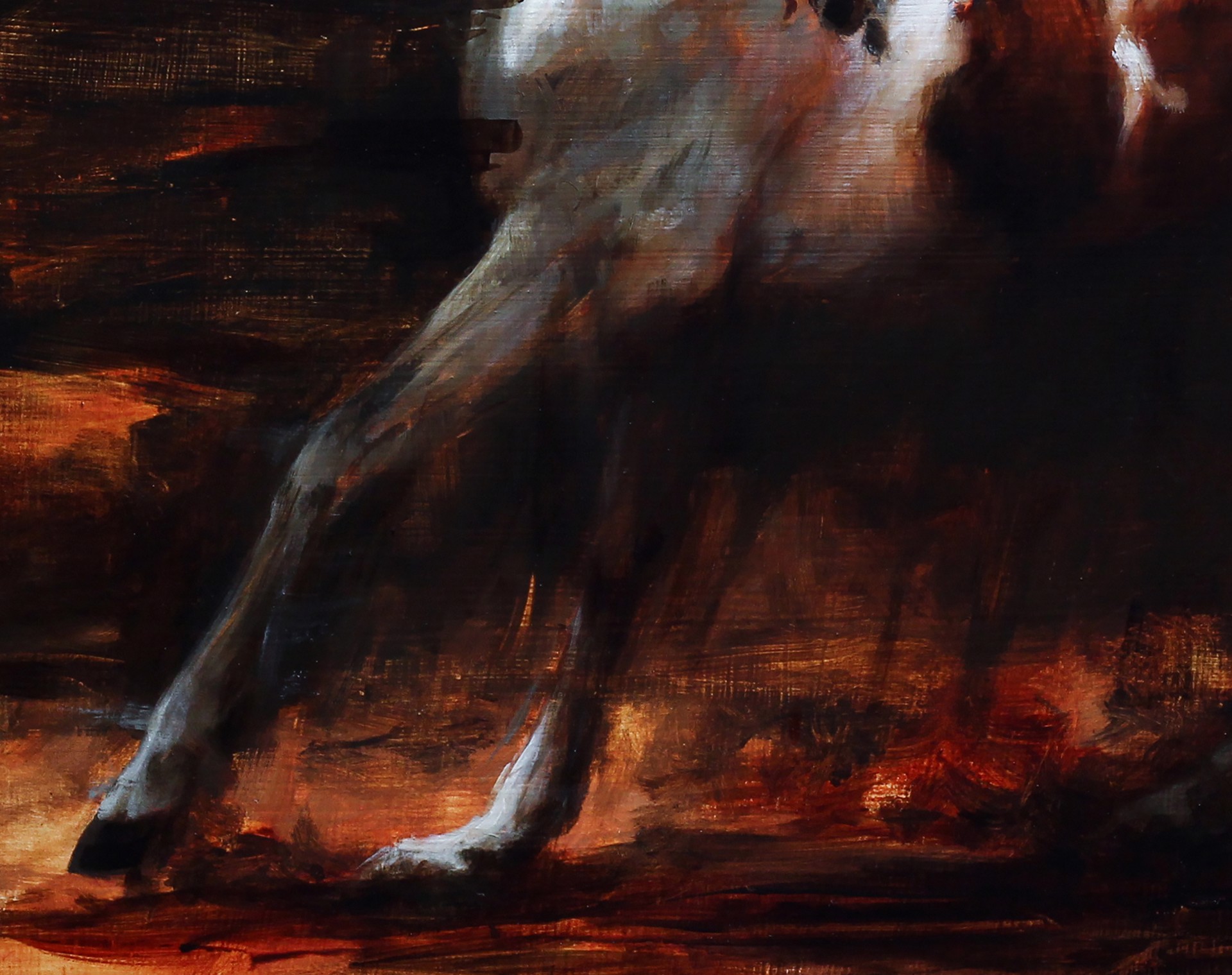A painting of a horse running in a field.