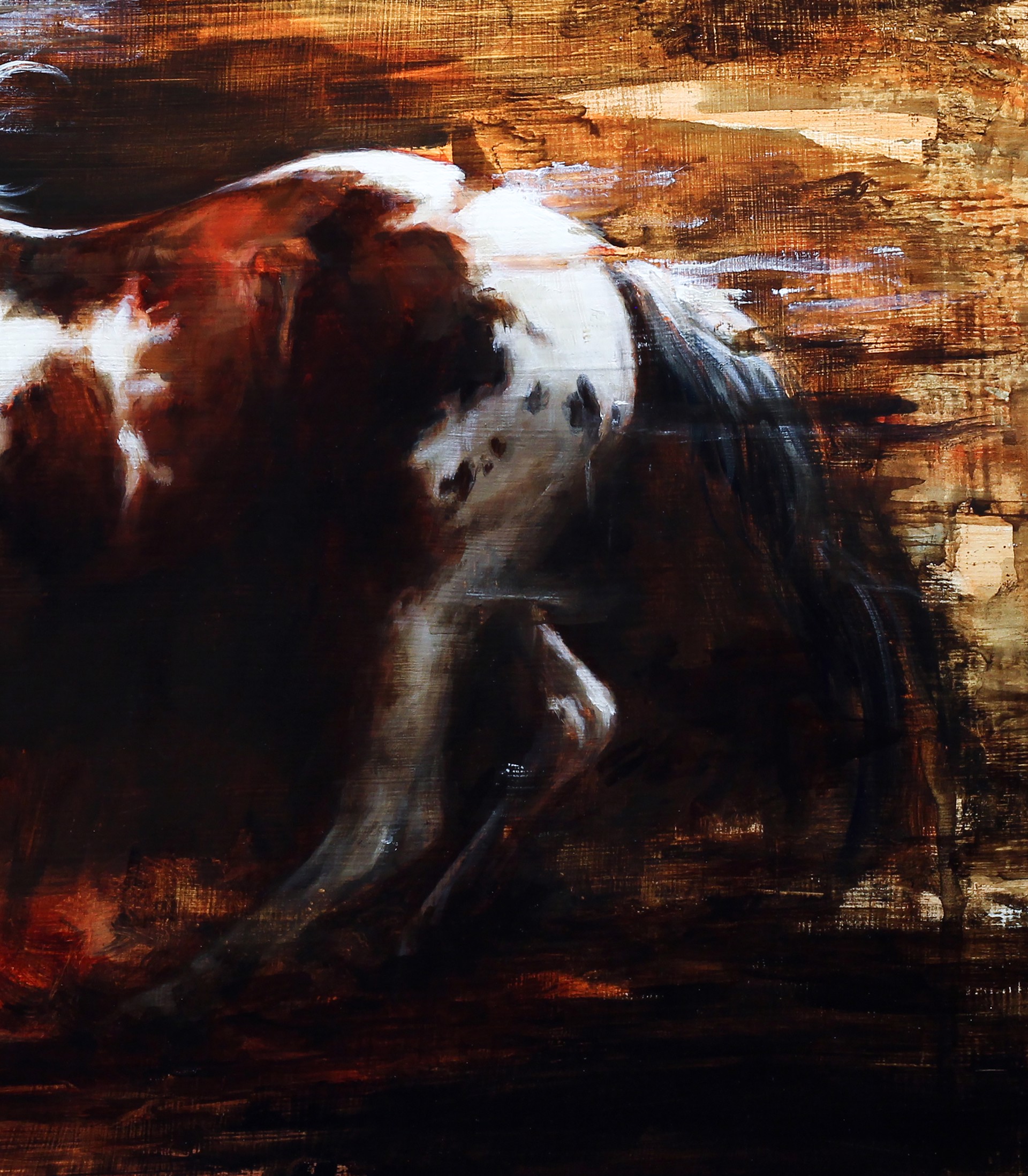 A painting of a horse running in a field.