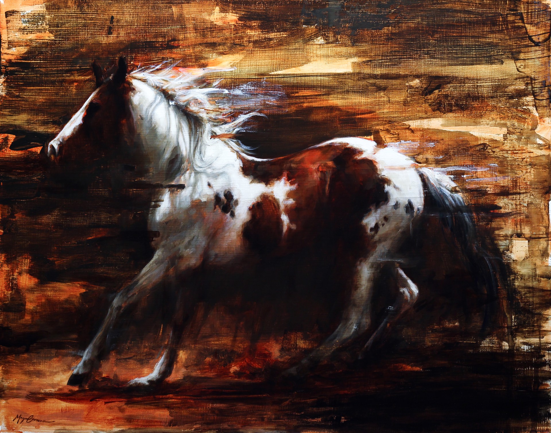 A painting of a horse running in a field.
