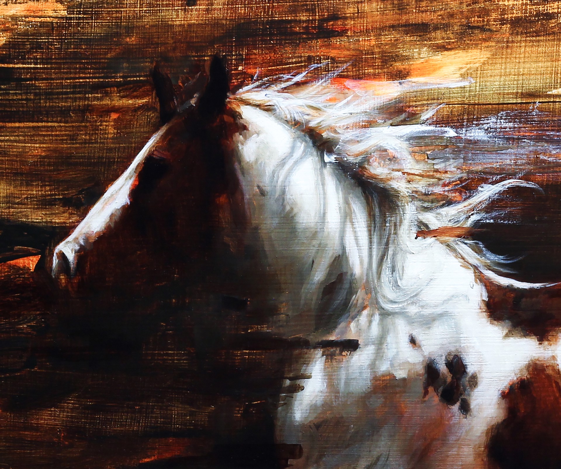 A painting of a horse running in a field.