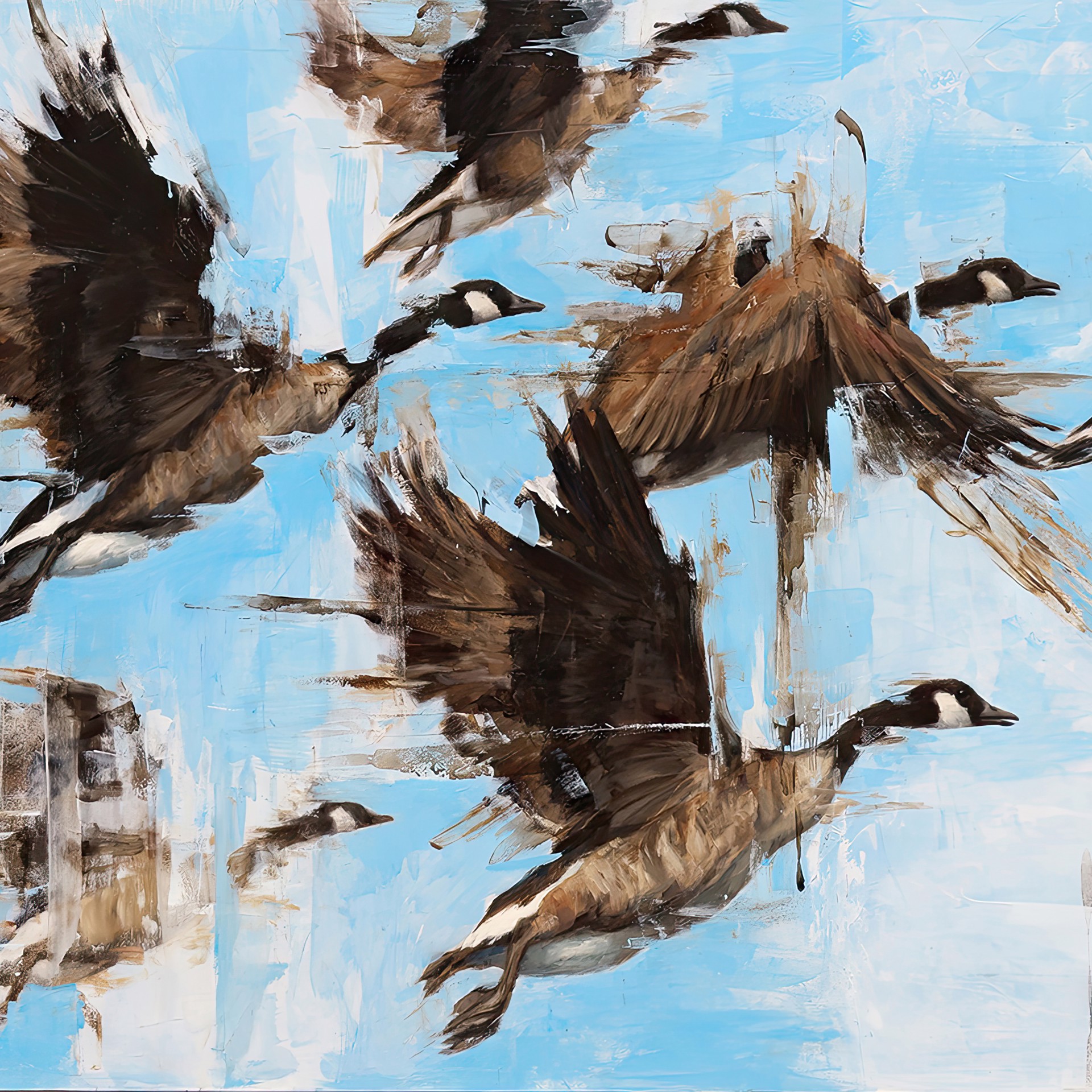 A painting of a flock of geese flying in the sky.