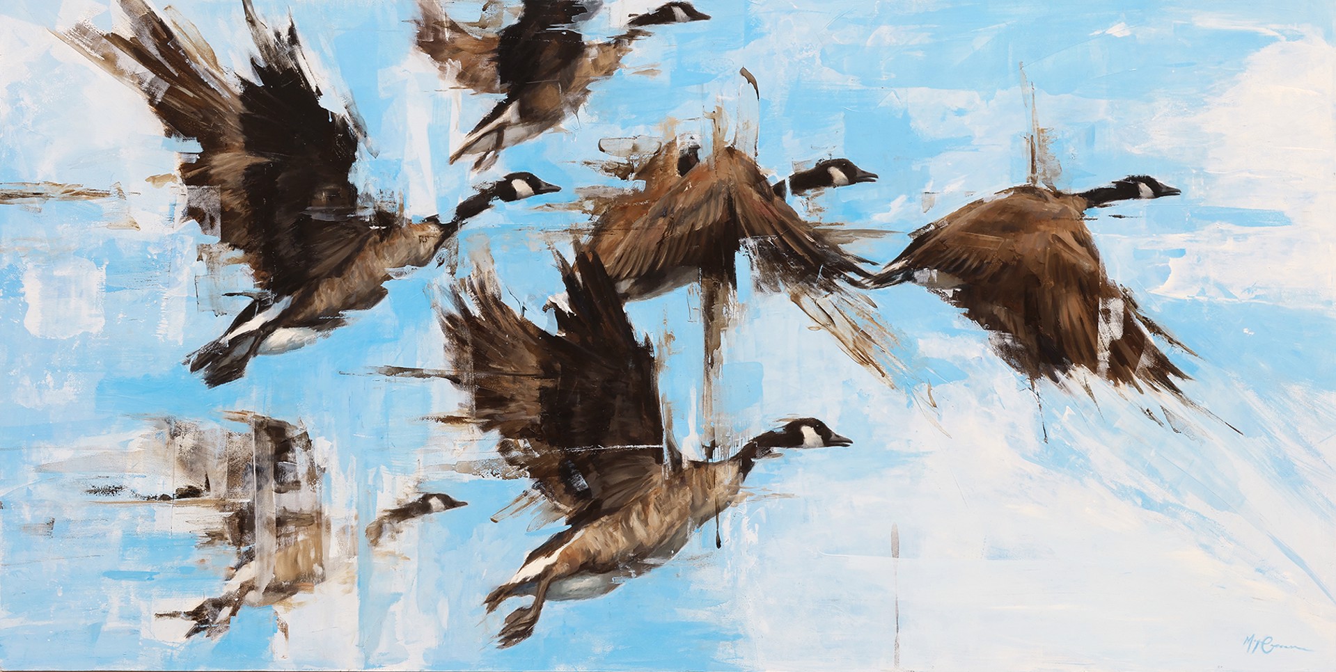 A painting of a flock of geese flying in the sky.