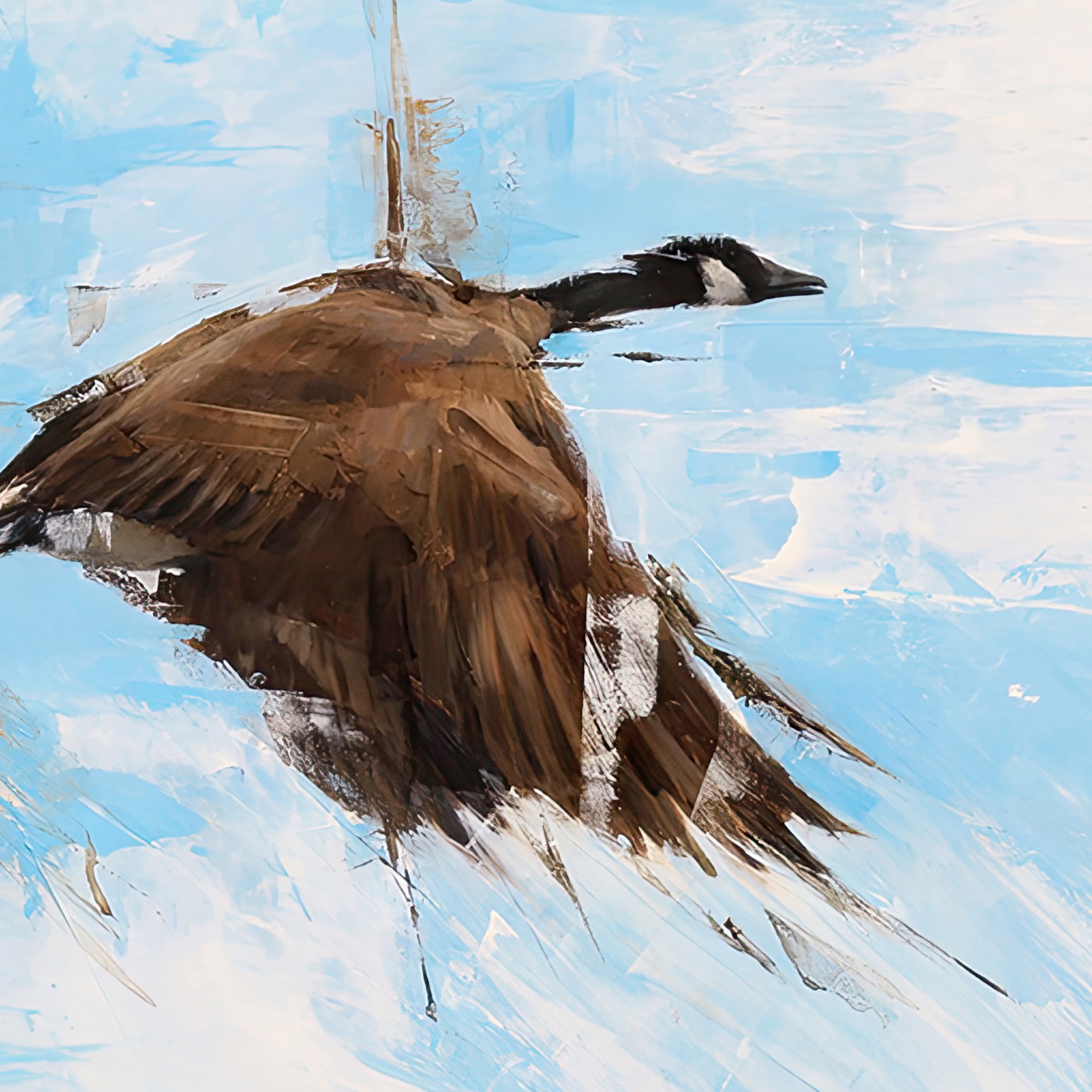 A painting of a flock of geese flying in the sky.