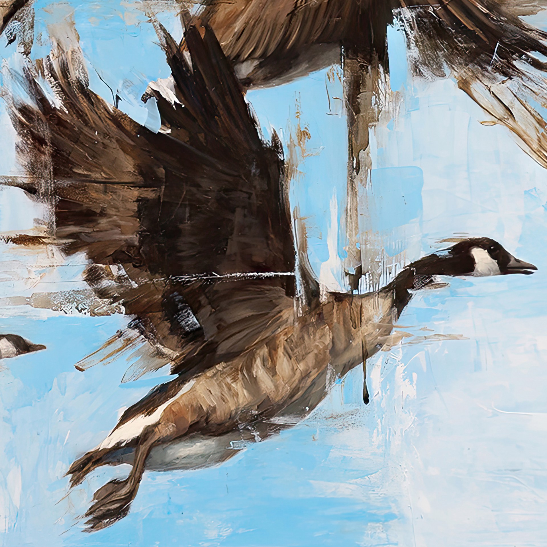 A painting of a flock of geese flying in the sky.